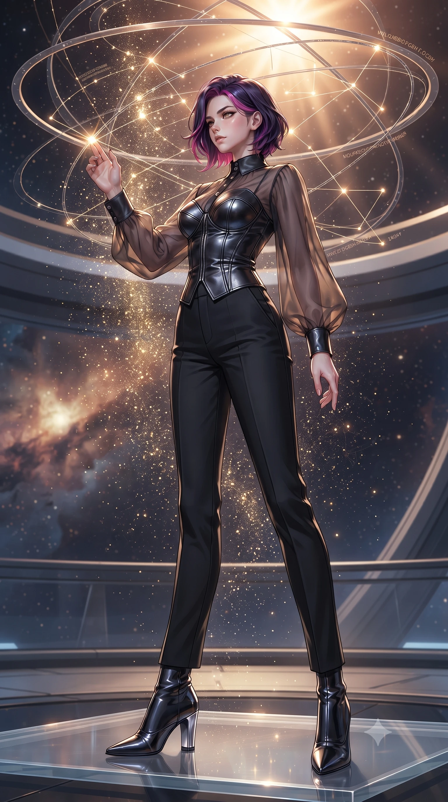 score_9, masterpiece, best quality, ultra-detailed, high-budget anime keyframe, editorial fashion photography, tasteful artistic composition, Caucasian woman. low angle full-body shot from head to toe showing her feet, filling the entire 9:16 vertical frame with her statuesque presence, stretching her vertical silhouette. interacting gracefully with the magical floating elements while maintaining a confident posture navigating a constellation map woven from starlight threads, starlight particles falling like a golden shower around her. She has an absolutely perfect, statuesque 8.5-heads proportion, an exceptionally tall and slender model-like female figure with impossibly long slender legs and an ultra-slim waist. sharp v-shaped jawline, high-bridge nose, intricate jewel-like eyes with depth, thick eyelashes, glossy lips with a natural sheen. wearing a tailored leather bustier over a sheer silk chiffon blouse with tailored slacks, the glove-like fit emphasizing her statuesque silhouette. bathed in warm sunbursts filtering through floating orbital rings. ultra-reflective glossy finish, specular highlights, metallic sheen, high-contrast stereoscopic depth, volumetric dynamic lighting, 2k, ultra detail, master piece, 9:16 ratio