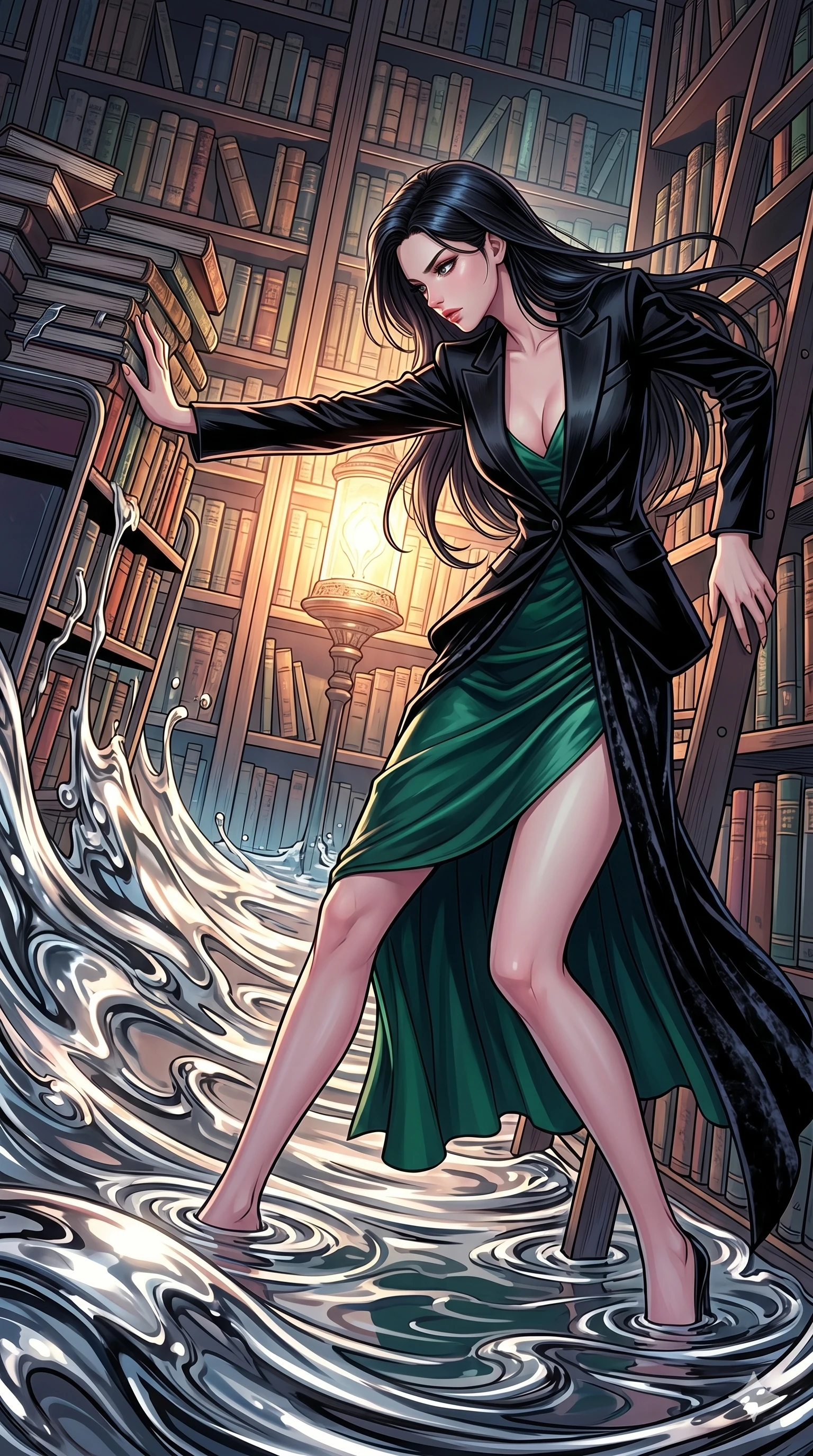 score_9, masterpiece, best quality, ultra-detailed, high-budget anime movie keyframe, cinematic anime lighting, intricate line art, Japanese anime girl. Low angle cowboy shot capturing a powerful motion and statuesque presence. shielding a library of books from a flood of liquid mercury. She has an absolutely perfect 8-heads proportion, an exceptionally tall and slender female figure with an ultra-slim waist and impossibly long slender legs. strictly human anatomy, two legs only, no extra limbs, clearly defined legs and arms, perfect anatomy, perfect hands and fingers. sharp v-shaped jawline, high-bridge nose, intricate jewel-like eyes, thick eyelashes, glossy lips. Wearing High-Fashion Editorial: Silk slip dress with high side slit, backless velvet gown, and structured blazer with nothing underneath. The scene is illuminated by dramatic atmospheric lighting and vibrant color palettes. , 2k, ultra detail, master piece, 9:16 ratio