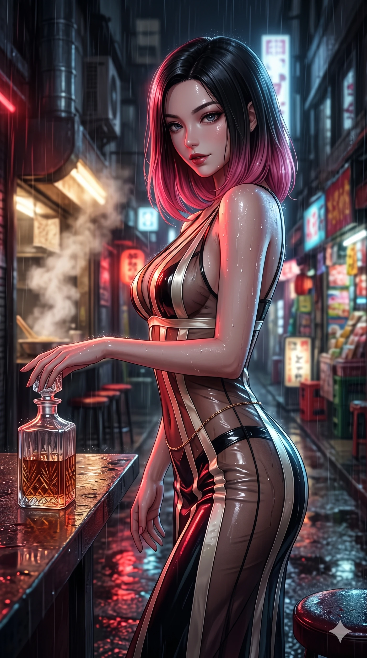 score_9, masterpiece, best quality, ultra-detailed, high-budget anime keyframe, semi-realistic 3D game render, editorial fashion photography, tasteful artistic composition, Korean woman. close-up cowboy shot from the waist and thighs up, the character dominates the composition, filling the frame with her large presence. twisting her slender torso in an alluring S-curve while reaching for a vintage crystal decanter, her dark tailored fit highlighting her hourglass curves while twisting her slender torso in an alluring contrapposto stance, raindrops glistening on her bare skin as saturated neon signs reflect in puddles around her heels. The background shows a soft-focus steaming noodle bar vents and wet Tokyo alley facades softened in rainy night shallow focus. She has an exceptionally elegant, slender, and willowy female figure with an ultra-slim waist, flat toned midriff, narrow ribcage, and sculpted feminine hips creating an alluring, slim hourglass silhouette without bulk. sharp v-shaped jawline, high-bridge nose, intricate jewel-like dark sparkling eyes with dangerous depth, thick curled eyelashes, glossy parted lips with a rich wine sheen, smoldering seductive half-smile with bedroom-eyes, exuding effortless superiority and intoxicating dark allure, flawlessly proportioned anatomical accuracy, strict slender model proportions, natural body alignment, perfectly sculpted long slender limbs, ultra-slim waistline, clean dynamic posture without body distortion. wearing a plunge-front sheer illusion tulle slip dress with liquid platinum ribbon stripes hugging her curves in celestial champagne ivory and high-gloss jet black, crafted from wet-look high-gloss vinyl fabric with dazzling specular surface reflections, accented with a dainty gold belly chain resting across her flat midriff and curving hips, the liquid-tight tailored fabric clinging flawlessly to her narrow waist and rounded feminine hips, emphasizing every millimeter of her sculpted slim hourglass curves without any bulky heaviness. bathed in intense saturated crimson and warm gold neon underlights contrasting with dark rain-soaked shadow tones. highly saturated vibrant anime colors, detailed shading with soft gradients, rich glossy textures, high-contrast stereoscopic depth, volumetric dynamic lighting, master piece, 9:16 ratio