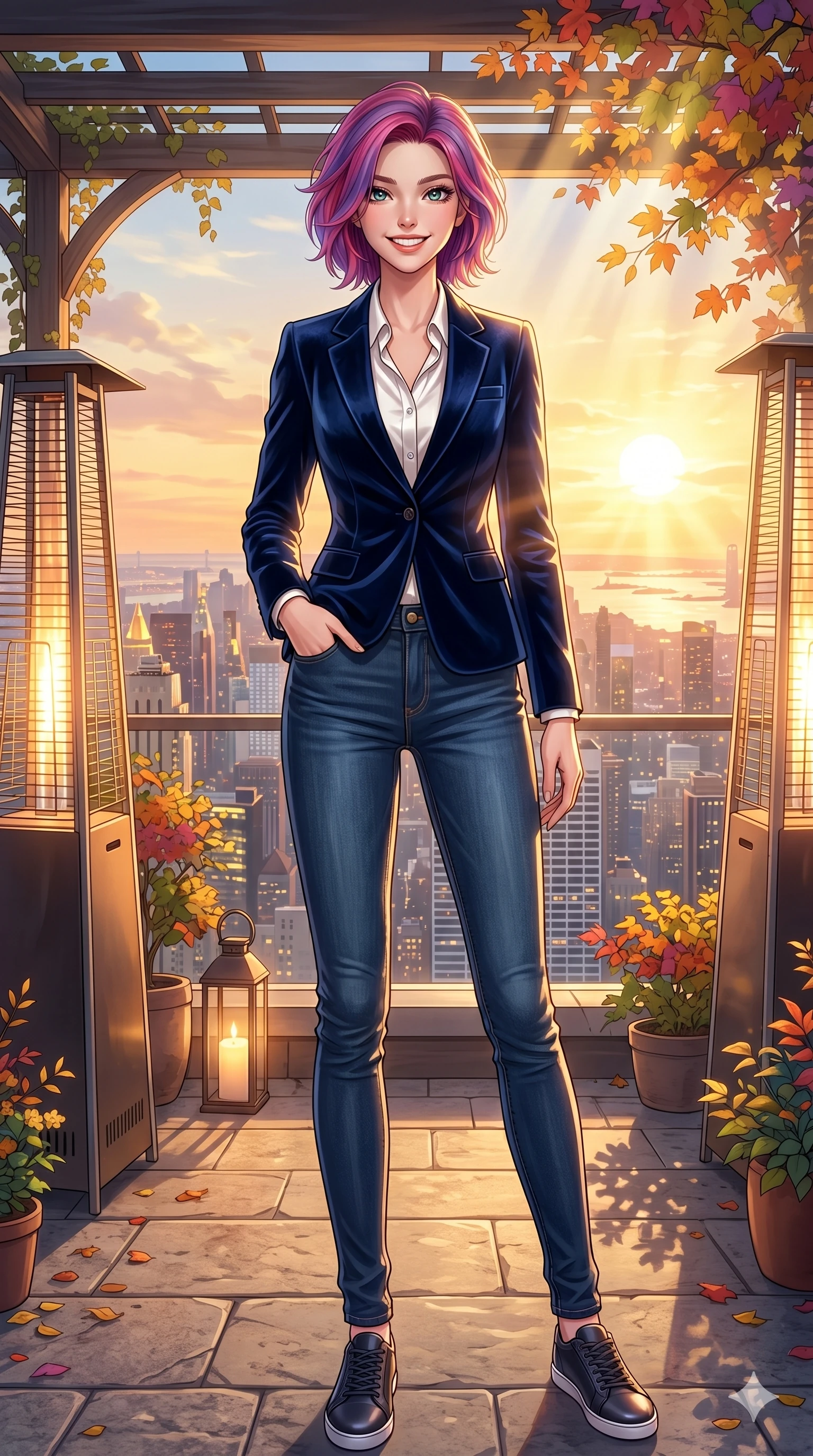 score_9, masterpiece, best quality, ultra-detailed, high-budget anime keyframe, vibrant anime aesthetic, Caucasian woman, strictly human ears. low angle full-body shot from head to toe showing her feet, filling the entire 9:16 vertical frame with her statuesque presence, stretching her vertical silhouette. She is posing with a bright grin, one hand in her pocket, looking at the lens with joyful eyes standing on a private rooftop garden with warm outdoor heaters and a scenic city view (Code-P21-012). She has an absolutely perfect 8-heads proportion, an exceptionally tall and slender female figure with impossibly long slender legs and an ultra-slim waist. V-shaped jawline, high-bridge nose, intricate jewel-like eyes with depth, thick eyelashes, glossy lips with a natural sheen. wearing a tailored velvet blazer over a satin collar blouse and slim-fit jeans. She is drenched in soft sunbeams filtering through autumn leaves, casting a warm golden glow. 2k, ultra detail, master piece, 9:16 ratio