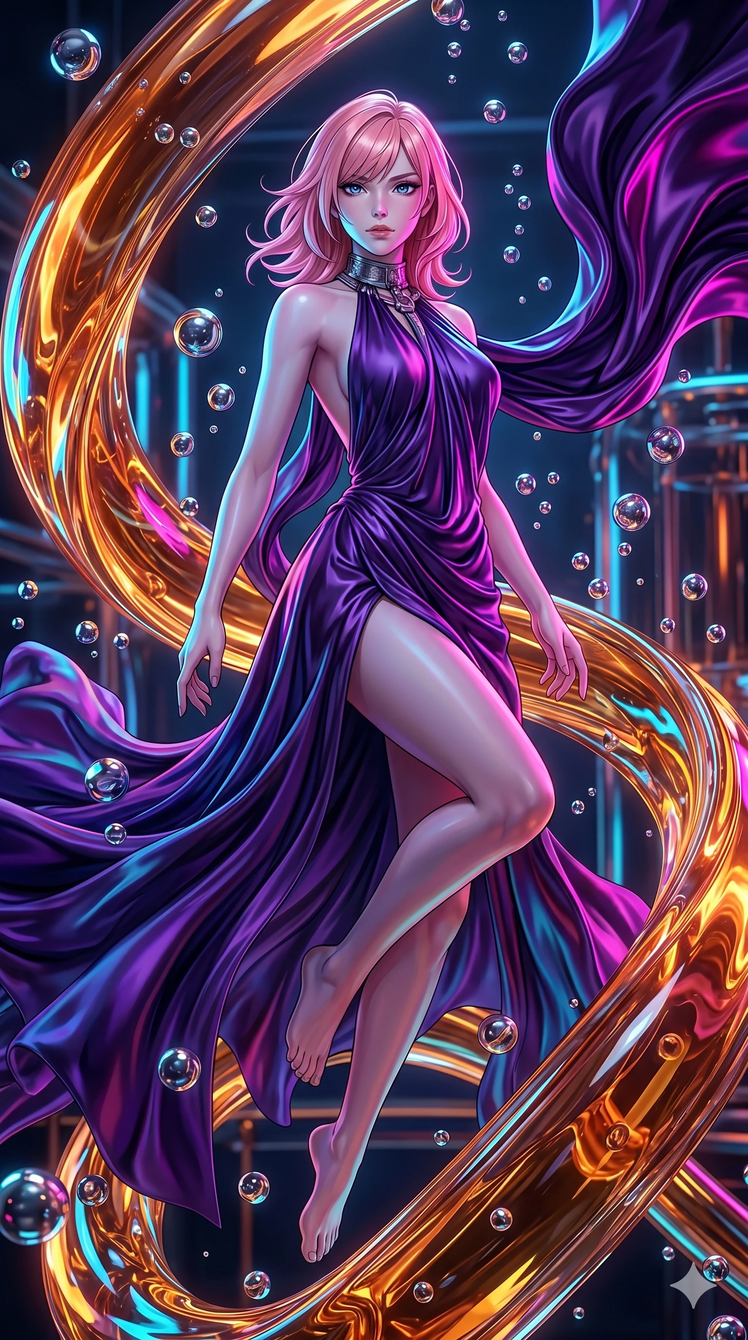 score_9, masterpiece, best quality, ultra-detailed, high-budget anime keyframe, editorial fashion photography, tasteful artistic composition, Japanese woman. upper body close-up from the thighs up, character filling the screen for maximum presence. descending from through a molten glass art studio where twisting, glowing amber glass tubes rotate while liquid mercury droplets float upward in zero gravity. She has an absolutely perfect 8-heads proportion, an exceptionally tall and slender female figure with impossibly long slender legs and an ultra-slim waist. V-shaped jawline, high-bridge nose, intricate jewel-like eyes with depth, thick eyelashes, glossy lips with a natural sheen.. wearing a gothic liquid silk gown, featuring a deep purple liquid silk maxi gown draped around her, secured by a metallic choker collar, with a high side slit. lit by high-contrast neon strobes that carve out her dynamic posture and V-shaped jawline. 2k, ultra detail, master piece, 9:16 ratio