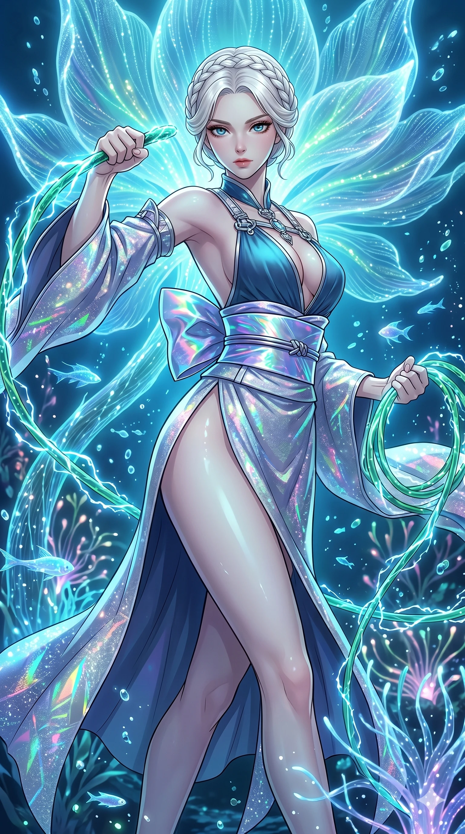score_9, masterpiece, best quality, ultra-detailed, High-budget Anime Keyframe, vibrant colors, fluid line-art, expressive lighting, cinematic composition, Ufotable-style visual effects, top-tier animation quality, Japanese woman with delicate and elegant anime-inspired features. Upper body close-up from the thighs up, character filling the screen for maximum presence. Wielding a glowing vine whip that crackles with bioluminescent energy, devoid of thorns. She has an absolutely perfect 8-heads proportion, an exceptionally tall and slender female figure with impossibly long slender legs and an ultra-slim waist, her statuesque height and towering silhouette dominating the vertical 9:16 frame. Her face is a masterpiece featuring a sharp v-shaped jawline, high-bridge nose, intricate jewel-like eyes with depth, thick eyelashes, and glossy lips with a natural sheen. She is wearing a High-slit tech-kimono with a holographic obi and deep-plunging silk hanbok-fusion with metallic straps.. The scene is set in an underwater Eden where the plants are made of light and fiber-optics. 2k, ultra detail, master piece, 9:16 ratio