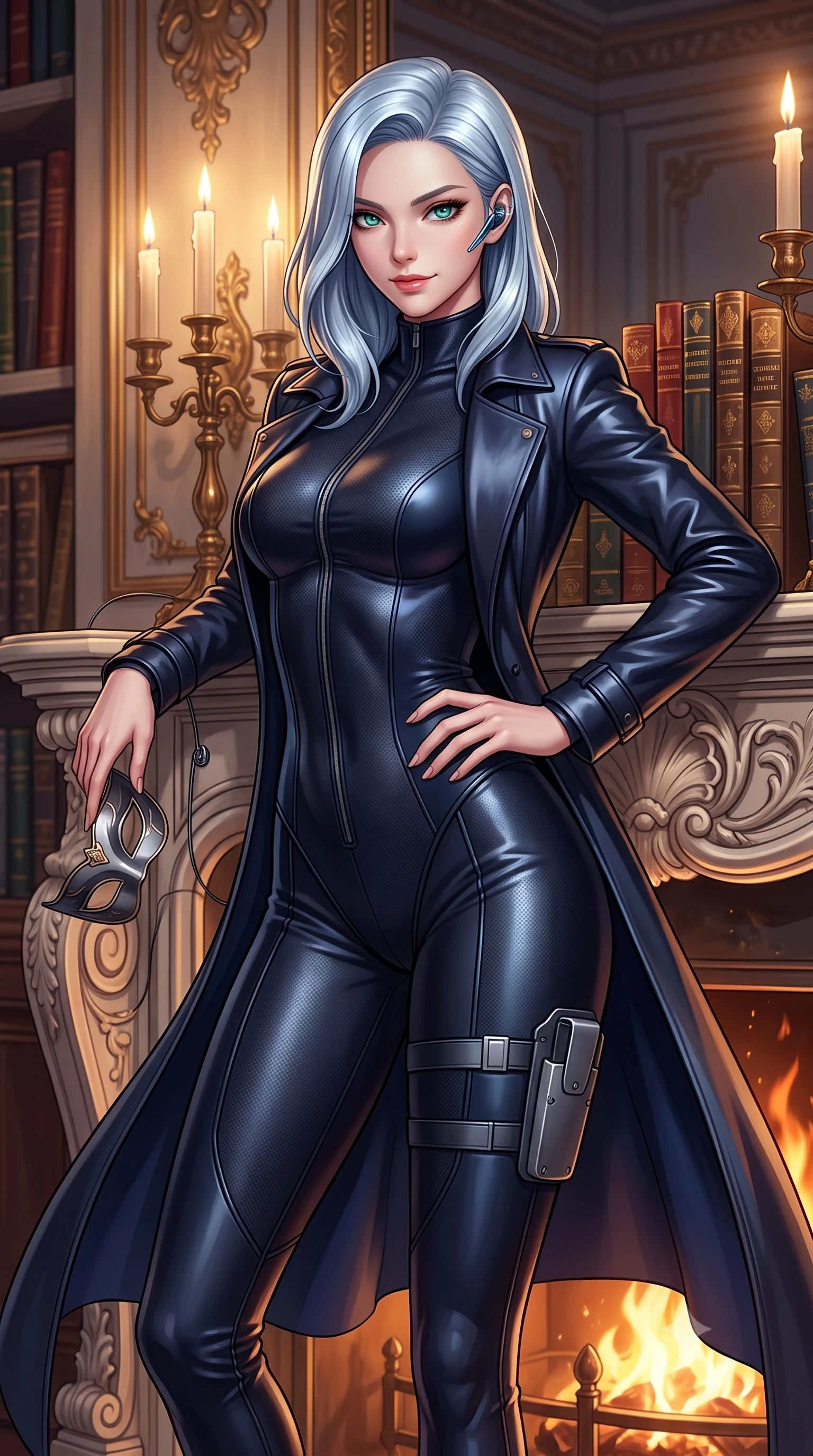score_9, masterpiece, best quality, ultra-detailed, high-budget anime keyframe, semi-realistic 3D game render, editorial fashion photography, tasteful artistic composition, Korean woman. close-up cowboy shot from the waist and thighs up, the character dominates the composition, filling the frame with her large presence. radiating intense magnetic charisma with jewel-like eyes locked onto the viewer, her upper body turning in a dynamic, fluid S-curve while resting against a candlelit grand fireplace with mask slightly lowered, smiling with dangerous, bewitching elegance. The surrounding environment is rendered in vivid detail and crisp panoramic clarity. detailed baroque fireplace mantels, concealed listening device wires, and antique book spines in high clarity. She has an exceptionally elegant, slender, and willowy female figure with an ultra-slim waist, a gracefully sculpted slender torso, toned flat midriff, and a refined slim silhouette. sharp v-shaped jawline, high-bridge nose, intricate jewel-like eyes with depth, thick eyelashes, glossy lips with a natural sheen, captivating and magnetic expression, flawlessly proportioned anatomical accuracy, strict slender model proportions, natural body alignment, perfectly sculpted long slender limbs, ultra-slim waistline, clean dynamic posture without body distortion. wearing a sleek second-skin dark carbon-weave infiltration catsuit paired with a tailored long leather trench coat in stealth obsidian black and midnight navy, crafted from flexible ballistic matte leather and ultra-sleek stretch neoprene, equipped with a minimalist titanium leg holster and smart holographic earpiece, the breezy yet form-flattering drape swaying gracefully with her steps, accentuating her long willowy limbs and slim waistline. surrounded by an enigmatic, enchanting, and lethal undercover spy duchess aura. highly saturated vibrant anime colors, detailed shading with soft gradients, rich glossy textures, high-contrast stereoscopic depth, volumetric dynamic lighting, master piece, 9:16 ratio