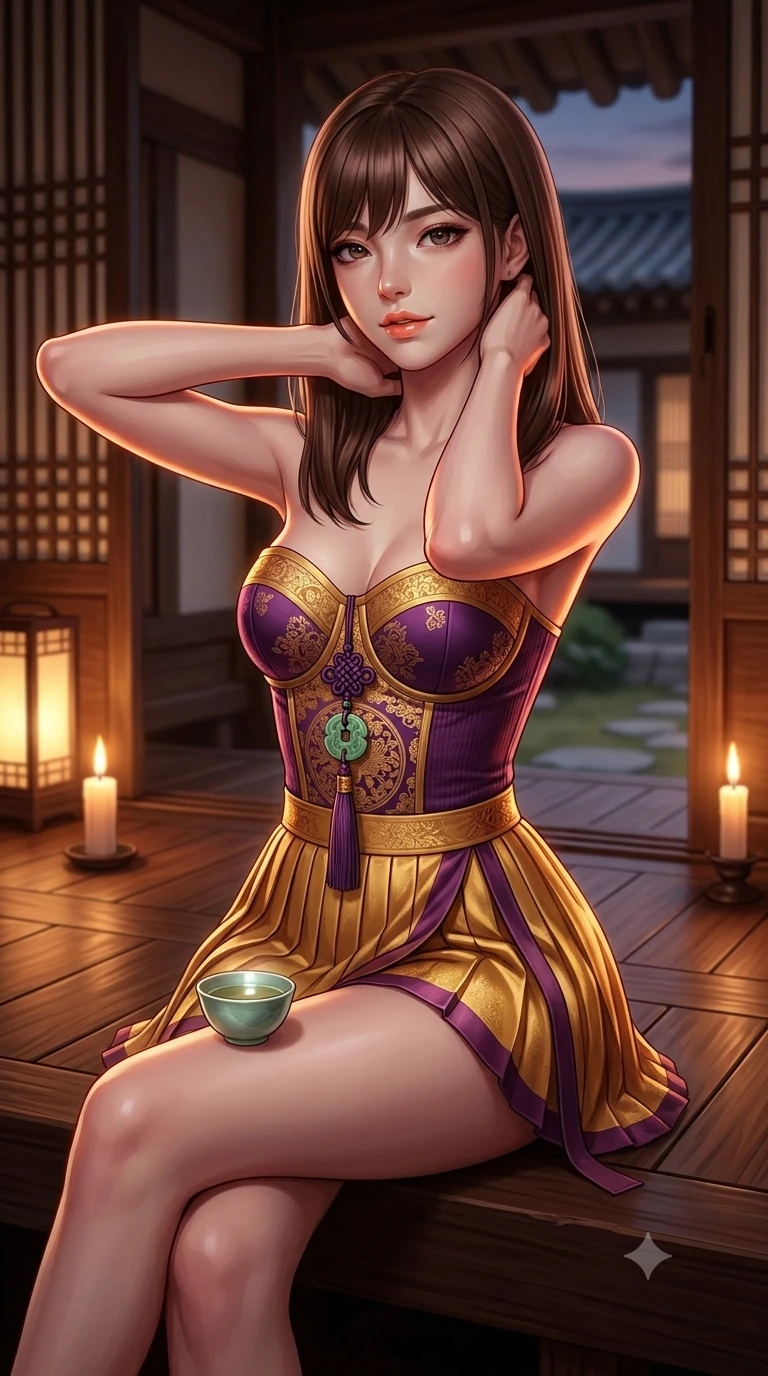 score_9, masterpiece, best quality, ultra-detailed, high-budget anime keyframe, semi-realistic 3D game render, editorial fashion photography, tasteful artistic composition, Korean woman. close-up cowboy shot from the waist and thighs up, the character dominates the composition, filling the frame with her large presence. resting both hands lightly behind her neck with elbows raised, arching her spine to highlight her narrow waist, flat midriff, and breathtaking collarbones while sitting gracefully on the polished veranda floor with one knee drawn up, holding a celadon teacup with parted glossy lips. The background shows a soft-focus intimate Korean veranda room softened in warm candlelight shallow focus. She has an exceptionally elegant, slender, and willowy female figure with an ultra-slim waist, flat toned midriff, narrow ribcage, and sculpted feminine hips creating an alluring, slim hourglass silhouette without bulk. sharp v-shaped jawline, high-bridge nose, sparkling eyes with hypnotic seductive depth, thick curled eyelashes, glossy parted lips with a natural dewy peach sheen, alluring bedroom-eyes with an enchanting coquettish smile, exuding magnetic siren charisma and sophisticated glamour, flawlessly proportioned anatomical accuracy, strict slender model proportions, natural body alignment, perfectly sculpted long slender limbs, ultra-slim waistline, clean dynamic posture without body distortion. wearing a modern boned hanbok bustier top with norigae tassel paired with an ultra-short micro-pleated silk wrap mini skirt in imperial gold and royal plum purple, tailored from fine ribbed modal knit with gentle elastic contouring and soft hand-feel, finished with authentic carved jade pendants and traditional norigae knots, the form-contouring silhouette accentuating her sculpted flat midriff, narrow delicate ribcage, and gracefully curvy hips with intoxicating allure. illuminated by polished floor bounce and sharp rose-gold rim lights defining her razor-sharp jawline, narrow waist, and curvy hips. highly saturated vibrant anime colors, detailed shading with soft gradients, rich glossy textures, high-contrast stereoscopic depth, volumetric dynamic lighting, master piece, 9:16 ratio