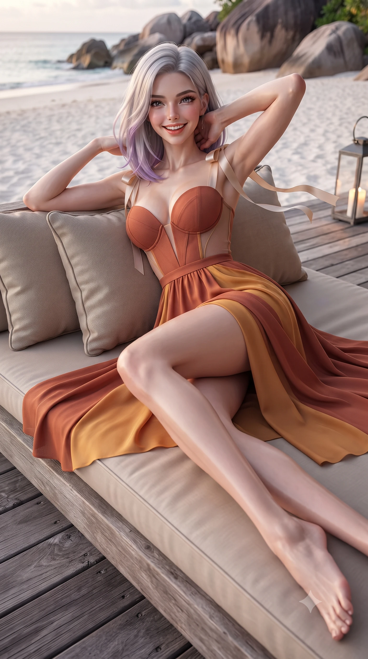 score_9, masterpiece, best quality, ultra-detailed, high-budget anime keyframe, editorial fashion photography, tasteful artistic composition, Caucasian woman. close-up cowboy shot from the waist and thighs up, the character dominates the composition, filling the frame with her large presence. resting both hands lightly behind her neck with elbows raised, arching her spine to highlight her narrow waist, flat midriff, and breathtaking collarbones while lounging in the private daybed set upon the deck propped on one elbow with legs extended, displaying her long slender limbs and statuesque hourglass silhouette. The surrounding environment is rendered in vivid detail and crisp panoramic clarity: sharp weathered ironwood deck grain, coarse white shell beach sand, and smooth granite boulder curve textures in deep focus. She has an exceptionally elegant, slender, and willowy female figure with an ultra-slim waist, flat toned midriff, narrow ribcage, and sculpted feminine hips creating an alluring, slim hourglass silhouette without bulk. sharp v-shaped jawline, high-bridge nose, intricate jewel-like sparkling eyes with depth, thick eyelashes, glossy parted lips with a natural peach sheen, bright cheerful beaming smile with an enchanting and coquettish sensual glint, exuding both youthful cute charm and seductive allure, flawlessly proportioned anatomical accuracy, strict slender model proportions, natural body alignment, perfectly sculpted long slender limbs, ultra-slim waistline, clean dynamic posture without body distortion. wearing an alluring plunging sweetheart bustier dress with sheer mesh side-waist cutouts contouring her ribs in Florentine Renaissance Medici terracotta and warm gilded ochre, crafted from bespoke double-faced cashmere with an exceptionally soft tactile finish, finished with satin ribbon ties at the shoulders fluttering in the gentle breeze, the second-skin tailored fabric adhering flawlessly to her sculpted flat midriff and slender torso, emphasizing her long leg lines and perfectly proportioned willowy build. bathed in the soft pastel 5000K twilight glow of the Indian Ocean horizon mixed with warm 2500K deck lanterns. ultra-reflective glossy finish, specular highlights, rich textural contrasts, high-contrast stereoscopic depth, volumetric dynamic lighting, 2k, ultra detail, master piece, 9:16 ratio
