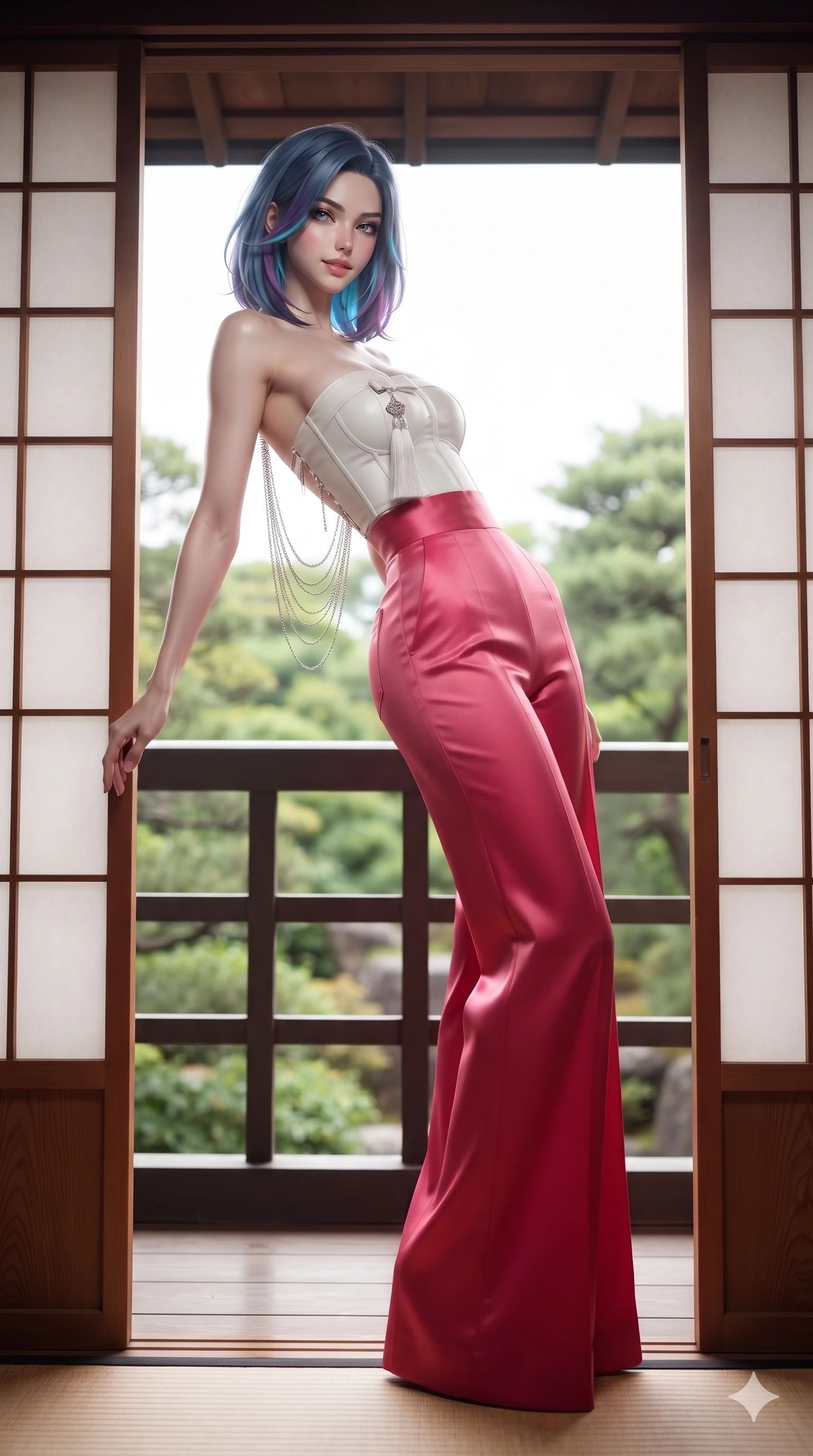 score_9, masterpiece, best quality, ultra-detailed, high-budget anime keyframe, editorial fashion photography, tasteful artistic composition, Caucasian woman. low angle full-body shot from head to toe showing her feet, filling the entire 9:16 vertical frame with her statuesque presence, stretching her vertical silhouette. leaning deep against the balcony balustrade with hips cocked back in an unapologetically alluring high-fashion stance, casting an intoxicating glance while standing framed within the open sliding screen portal, arching her spine with sovereign siren grace as garden breezes caress her skin. The surrounding environment is rendered in vivid detail and crisp panoramic clarity: sharp wood joinery seams on sliding screen frames, rice-paper texture, and polished timber floorboard gloss in deep focus. She has an absolutely perfect, statuesque 8.5-heads proportion, an exceptionally tall and slender model-like female figure with impossibly long slender legs, an ultra-slim waist, a flat toned midriff, narrow delicate ribcage, and beautifully sculpted feminine hips creating a graceful, slim hourglass silhouette without any bulky heaviness. sharp v-shaped jawline, high-bridge nose, sparkling eyes with hypnotic seductive depth, thick curled eyelashes, glossy parted lips with a natural dewy peach sheen, alluring bedroom-eyes with an enchanting coquettish smile, exuding magnetic siren charisma and sophisticated glamour, flawlessly proportioned anatomical accuracy, strict slender model proportions, natural body alignment, perfectly sculpted long slender limbs, ultra-slim waistline, clean dynamic posture without body distortion. wearing a modern strapless boned hanbok bustier with traditional norigae tassel accents paired with high-waisted wide-leg silk trousers in pure snow white and vivid cherry blossom crimson, made of supple butter-soft lambskin leather with a subtle satin sheen, accented with an open-back drape framed by falling strands of delicate chrome chains, the liquid-tight tailored fabric clinging flawlessly to her narrow waist and rounded feminine hips, emphasizing every millimeter of her sculpted slim hourglass curves without any bulky heaviness. illuminated by timber floor bounce and sharp rose-gold rim lights defining her razor-sharp jawline, narrow waist, and curvy hips. ultra-reflective glossy finish, specular highlights, rich textural contrasts, high-contrast stereoscopic depth, volumetric dynamic lighting, 2k, ultra detail, master piece, 9:16 ratio