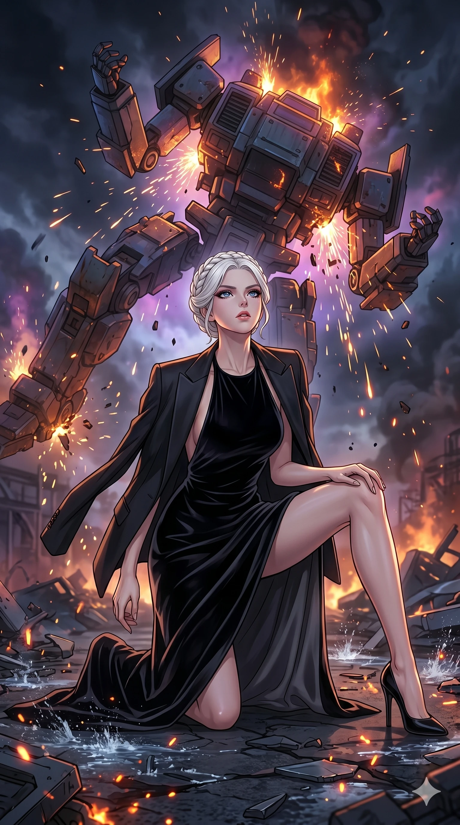 score_9, masterpiece, best quality, ultra-detailed, high-budget anime movie keyframe, cinematic anime lighting, intricate line art, Japanese woman. Low angle cowboy shot capturing a powerful motion and statuesque presence. kneeling in a rain of sparks as a giant robot collapses behind her. She has an absolutely perfect 8-heads proportion, an exceptionally tall and slender female figure with graceful and slender proportions. strictly human anatomy, two legs only, no extra limbs, clearly defined legs and arms, perfect anatomy, perfect hands and fingers. sharp v-shaped jawline, high-bridge nose, intricate jewel-like eyes, thick eyelashes, glossy lips. Wearing High-Fashion Editorial: Silk slip dress with elegant side slit, backless velvet gown, and structured blazer over a coordinated top. The scene is illuminated by dramatic atmospheric lighting and vibrant color palettes. , 2k, ultra detail, master piece, 9:16 ratio