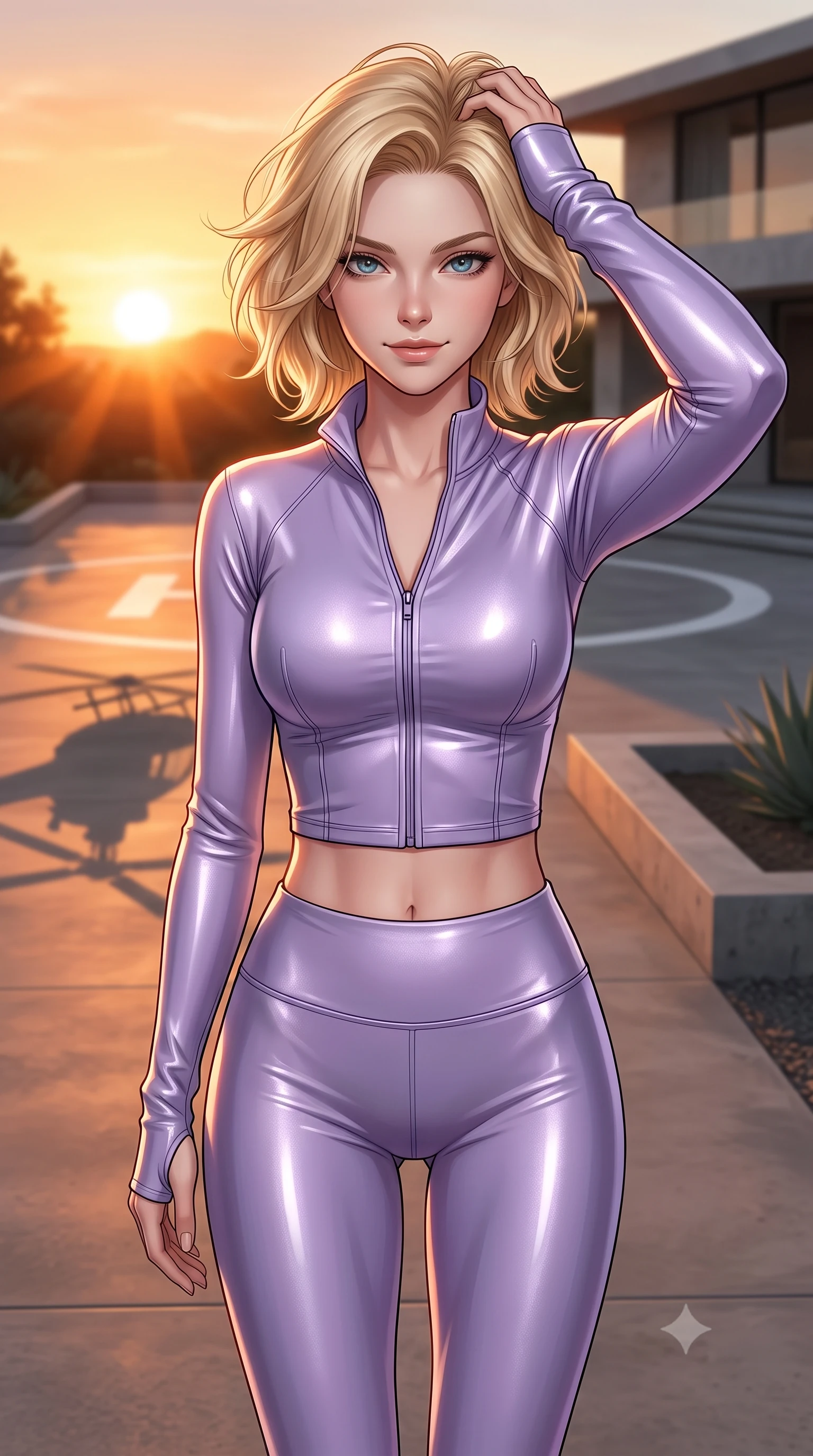 score_9, masterpiece, best quality, ultra-detailed, high-budget anime keyframe, editorial fashion photography, tasteful artistic composition, Caucasian woman. close-up cowboy shot from the waist and thighs up, the character dominates the composition, filling the frame with her large presence, background elements kept in soft focus. smiling with quiet, magnetic self-assurance directly into the camera, running a hand through her hair the background shows a soft-focus a modern villa driveway with a helipad and minimalist concrete landscaping. She has an exceptionally elegant, slender, and willowy female figure with an ultra-slim waist, a gracefully sculpted slender torso, and a refined silhouette. sharp v-shaped jawline, high-bridge nose, intricate jewel-like eyes with depth, thick eyelashes, glossy lips with a natural sheen. wearing a body-hugging body-hugging activewear set of a tailored zip-up long-sleeve crop top and matching high-waisted leggings in soft lavender. the dramatic orange glow of a sunset casting long shadows of the helicopter. ultra-reflective glossy finish, specular highlights, metallic sheen, high-contrast stereoscopic depth, volumetric dynamic lighting, 2k, ultra detail, master piece, 9:16 ratio