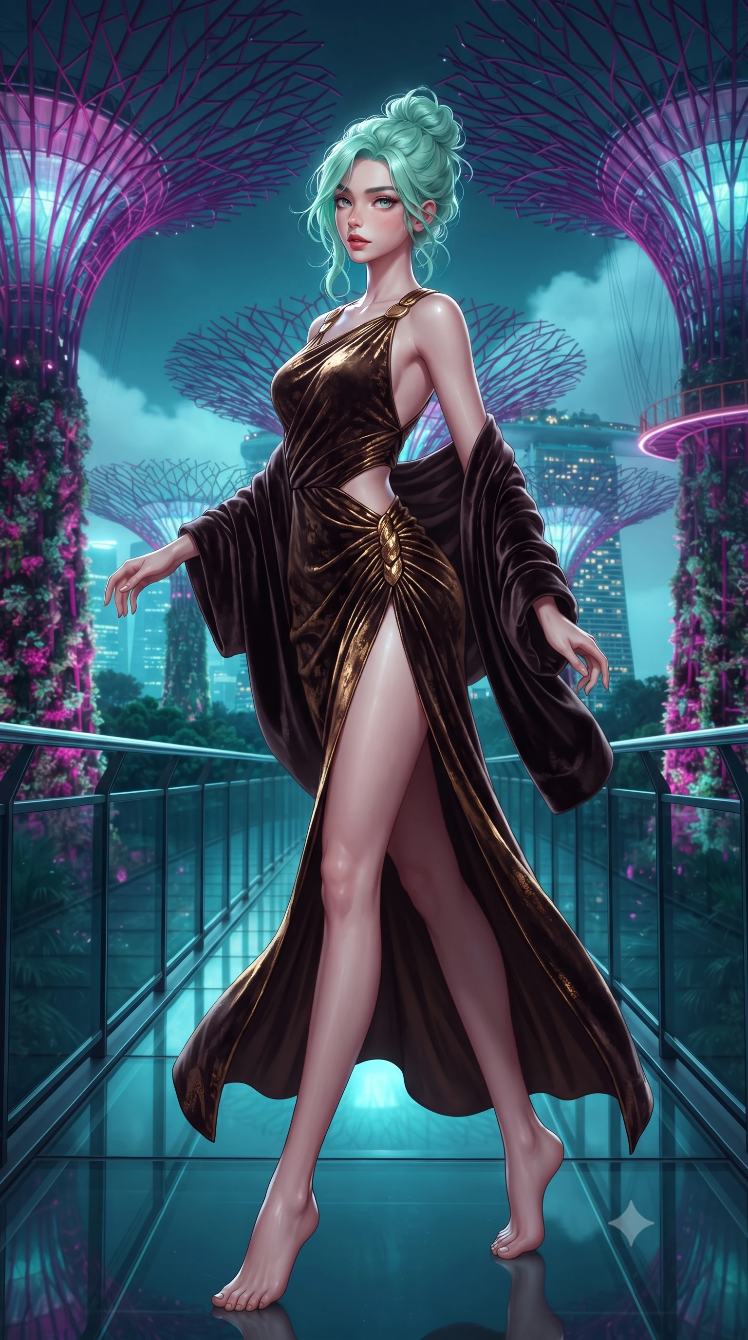 score_9, masterpiece, best quality, ultra-detailed, high-budget anime keyframe, editorial fashion photography, tasteful artistic composition, Japanese woman. low angle full-body shot from head to toe showing her feet, filling the entire 9:16 vertical frame with her statuesque presence, stretching her vertical silhouette. executing an elegant mid-motion pivot turn as garments swirl around her slender limbs, glancing over her shoulder with an intoxicating bedroom-gaze while striding along the elevated glass skyway woven between giant glowing biomimetic supertrees, arching her back as luminous magenta spores drift through the humid evening air. The composition keeps background elements in soft focus with creamy bokeh. distant futuristic marina skyscrapers and tropical mist clouds softened in sleek cyberpunk shallow focus. She has an exceptionally tall and slender model-like 8.5-heads proportion, an ultra-slim waist, a flat toned midriff, narrow delicate ribcage, and beautifully sculpted feminine hips creating a graceful, slim hourglass silhouette without any bulky heaviness, with impossibly long slender legs. sharp v-shaped jawline, high-bridge nose, intricate jewel-like eyes with depth, thick eyelashes, glossy parted lips with a natural sheen, intensely captivating and seductive bedroom-eyes expression, flawlessly proportioned anatomical accuracy, strict slender model proportions, natural body alignment, perfectly sculpted long slender limbs, ultra-slim waistline, clean dynamic posture without body distortion. wearing a high-slit Grecian goddess draped gown with asymmetrical gold shoulder clasps and hip gathering in dark espresso brown and molten gold foil, crafted from heavyweight crushed silk velvet with liquid vintage luster, complemented by a plush velvet shawl draped loosely over her elbows, the second-skin form-contouring cut accentuating her sculpted flat midriff, narrow delicate ribcage, and gracefully curvy hips with supermodel precision. bathed in rich magenta and cyan bioluminescent light contrasting with warm tropical ambient twilight. ultra-reflective glossy finish, specular highlights, rich textural contrasts, high-contrast stereoscopic depth, volumetric dynamic lighting, 2k, ultra detail, master piece, 9:16 ratio