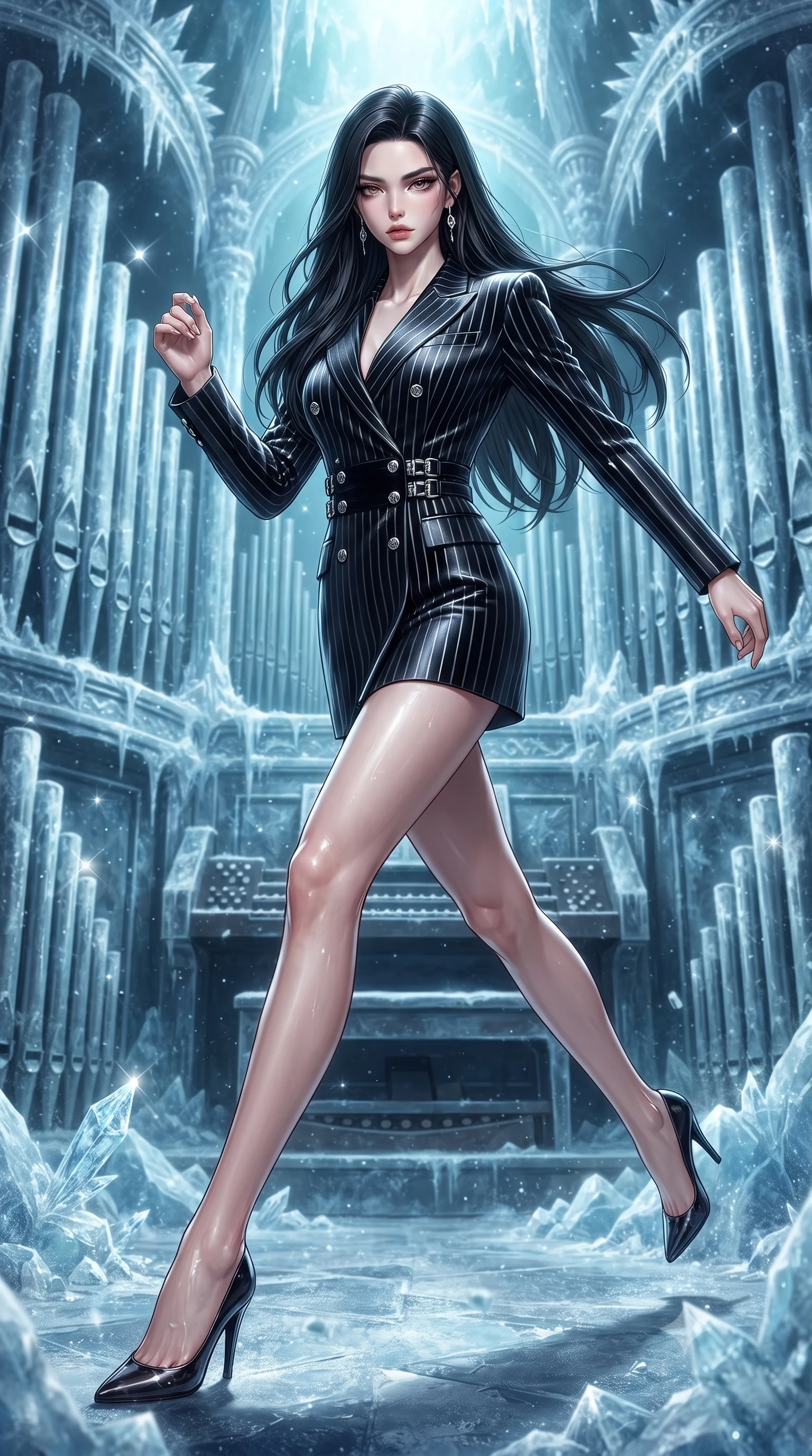 score_9, masterpiece, best quality, ultra-detailed, high-budget anime keyframe, editorial fashion photography, tasteful artistic composition, Korean woman. low angle full-body shot from head to toe showing her feet, filling the entire 9:16 vertical frame with her statuesque presence, stretching her vertical silhouette. stepping forward in a proud dynamic stride, her vertical silhouette filling the frame with statuesque presence while leaping across a frozen pipe organ stage as cyan neon aria lights pulse rhythmically, glimmering ice crystals scattering crisp silver specular highlights everywhere. She has an absolutely perfect, statuesque 8.5-heads proportion, an exceptionally tall and slender model-like female figure with impossibly long slender legs and an ultra-slim waist. sharp v-shaped jawline, high-bridge nose, intricate jewel-like eyes with depth, thick eyelashes, glossy lips with a natural sheen, flawlessly proportioned anatomical accuracy, natural body alignment, perfectly sculpted elegant limbs, clean dynamic posture without body distortion. wearing a double-breasted blazer dress with subtle metallic pin-stripes in matte black and polished silver, made of premium stretch velvet with a rich sheen, detailed with polished silver buckles along the waistline, the elegant draped fit framing her graceful clavicle and slender torso. illuminated by dramatic opera key lights with ultra-bright specular highlights. ultra-reflective glossy finish, specular highlights, metallic sheen, high-contrast stereoscopic depth, volumetric dynamic lighting, 2k, ultra detail, master piece, 9:16 ratio