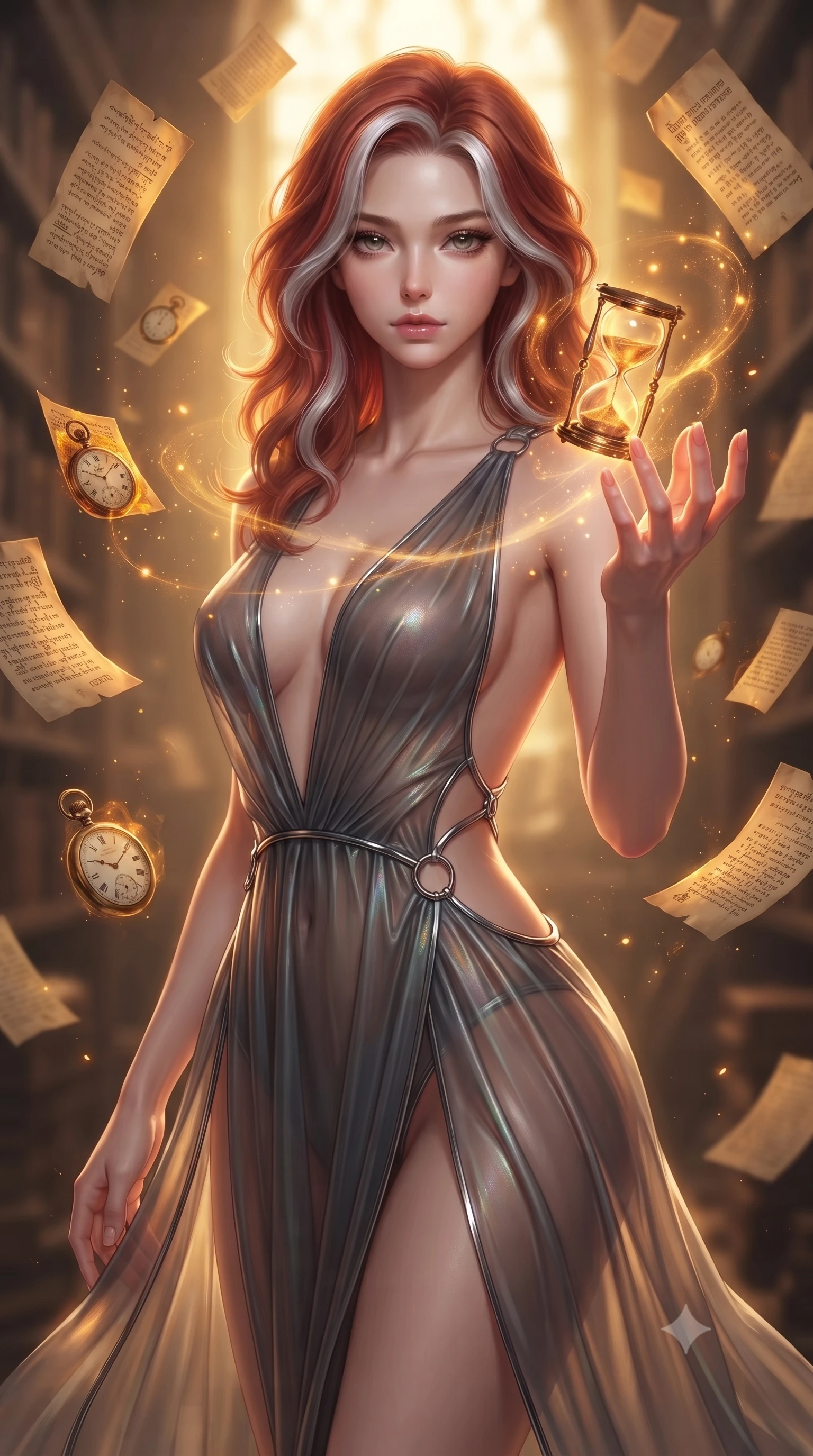 score_9, masterpiece, best quality, ultra-detailed, high-budget anime keyframe, editorial fashion photography, tasteful artistic composition, Caucasian woman. close-up cowboy shot from the waist and thighs up, the character dominates the composition, filling the frame with her large presence, background elements kept in soft focus. Reaching one hand gracefully toward the viewer with effortless superiority and allure interacting with a glowing hour-glass orb freezing time particles around her, suspended paper documents and pocket watches frozen mid-air in amber resin light. She has an exceptionally elegant, slender, and willowy female figure with an ultra-slim waist, a gracefully sculpted slender torso, and a refined silhouette. sharp v-shaped jawline, high-bridge nose, intricate jewel-like eyes with depth, thick eyelashes, glossy lips with a natural sheen. wearing a translucent iridescent chiffon gown with a plunging neckline and open back in charcoal grey and platinum, crafted from lustrous satin jersey with fluid draping, accented with delicate chrome ring hardware framing her waist, the form-contouring material highlighting her ultra-slim waist and long lines. bathed in rich amber temporal glow and warm golden backlighting. ultra-reflective glossy finish, specular highlights, metallic sheen, high-contrast stereoscopic depth, volumetric dynamic lighting, 2k, ultra detail, master piece, 9:16 ratio