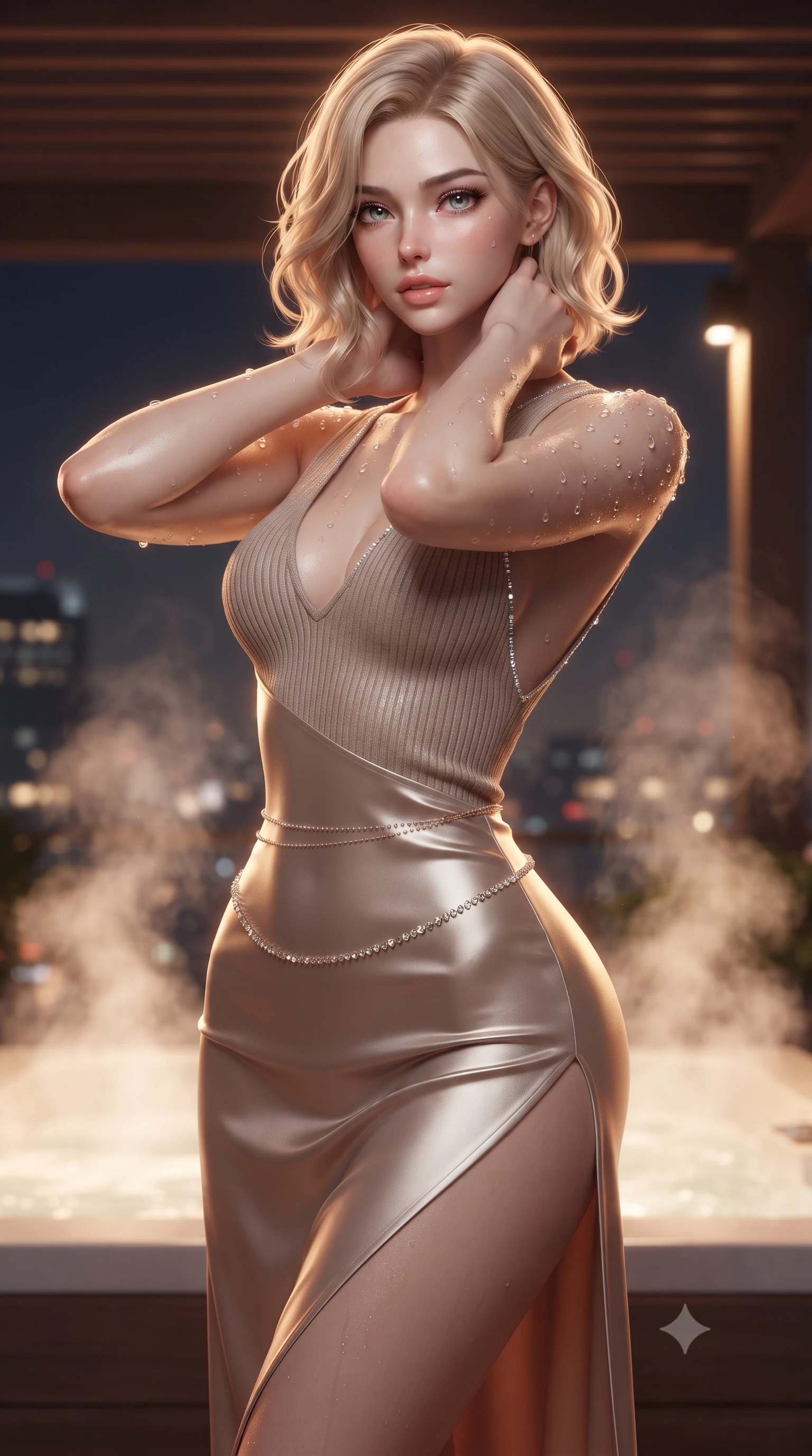 score_9, masterpiece, best quality, ultra-detailed, high-budget anime keyframe, editorial fashion photography, tasteful artistic composition, Caucasian woman. close-up cowboy shot from the waist and thighs up, the character dominates the composition, filling the frame with her large presence. resting both hands lightly behind her neck with elbows raised, arching her spine to highlight her narrow waist, flat midriff, and breathtaking collarbones while twisting her slender torso in an alluring S-curve, rising hot water vapor and city lights framing her narrow waist and curvy hips. The surrounding environment is rendered in vivid detail and crisp panoramic clarity: detailed wet-look velvet romper cling, delicate waist chain shine, and contemporary rooftop terrace engineering in high resolution. She has an exceptionally elegant, slender, and willowy female figure with an ultra-slim waist, flat toned midriff, narrow ribcage, and sculpted feminine hips creating an alluring, slim hourglass silhouette without bulk. sharp v-shaped jawline, high-bridge nose, sparkling eyes with hypnotic seductive depth, thick curled eyelashes, glossy parted lips with a natural dewy peach sheen, alluring bedroom-eyes with an enchanting coquettish smile, exuding magnetic siren charisma and sophisticated glamour, flawlessly proportioned anatomical accuracy, strict slender model proportions, natural body alignment, perfectly sculpted long slender limbs, ultra-slim waistline, clean dynamic posture without body distortion. wearing a plunging V-neck rib-knit sweater dress with an open-back scoop and daring side leg slit in sheer dusky champagne and glistening crystal trims, crafted from fluid liquid silk satin that clings smoothly to every curve with a dewy sheen, finished with glistening drops of pool water beading across her sculpted shoulders and collarbones, the glove-like clinging cut tightly following the natural contour of her hips and long slender legs with youthful 8.5-heads elegance. bathed in warm underwater tub LED glow mixed with warm pergola infrared heat lamp radiance. ultra-reflective glossy finish, specular highlights, rich textural contrasts, high-contrast stereoscopic depth, volumetric dynamic lighting, 2k, ultra detail, master piece, 9:16 ratio