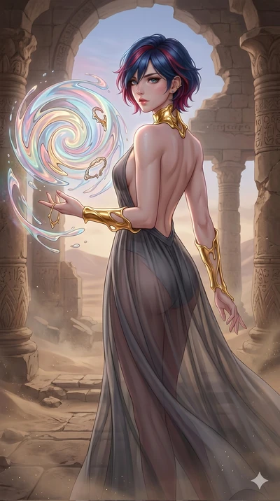 score_9, masterpiece, best quality, ultra-detailed, high-budget anime keyframe, Caucasian woman, strictly human ears. upper body close-up from the thighs up, character filling the screen for maximum presence. interacting with liquid stained-glass tha