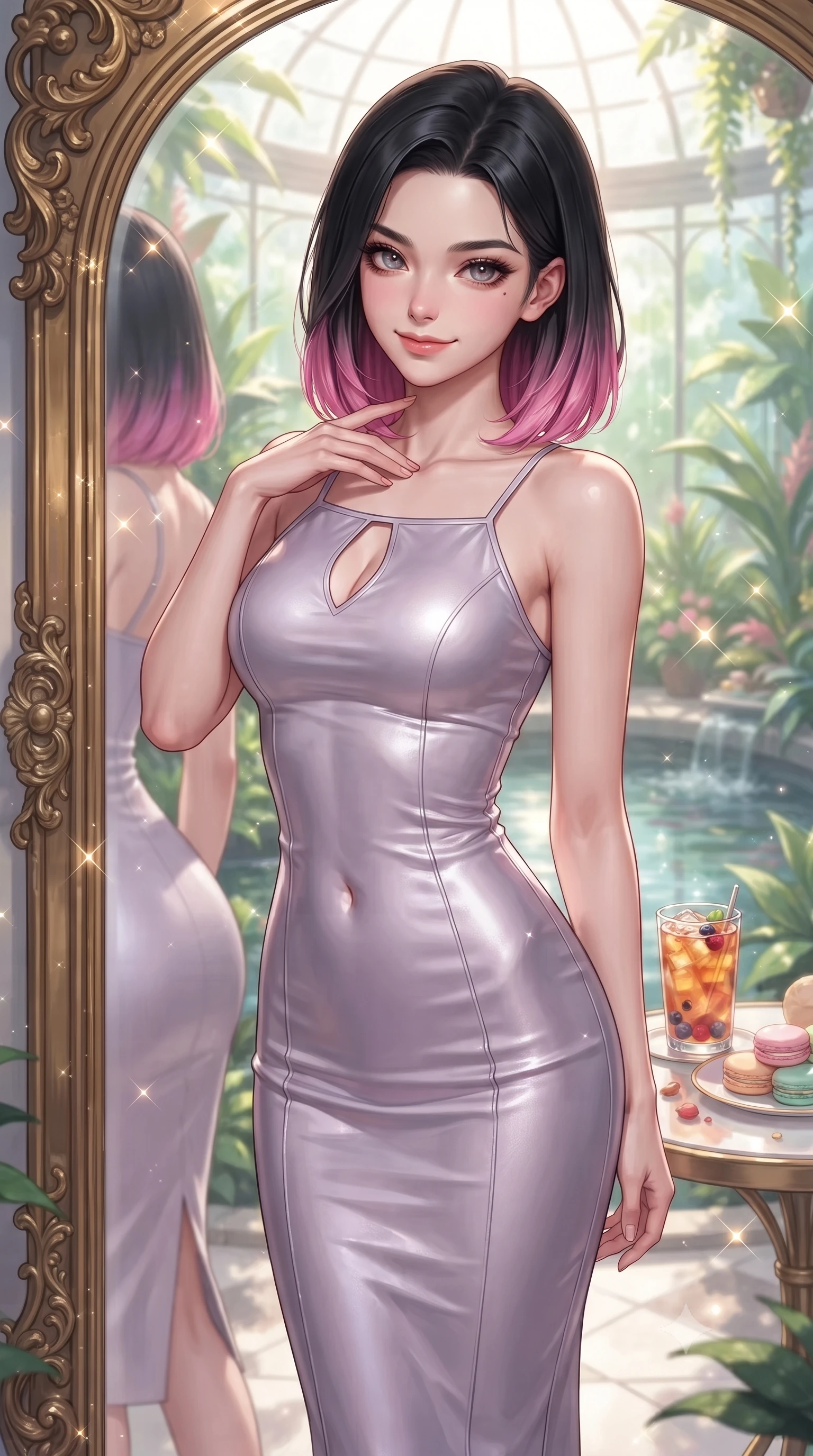 score_9, masterpiece, best quality, ultra-detailed, high-budget anime keyframe, editorial fashion photography, tasteful artistic composition, Korean woman. close-up cowboy shot from the waist and thighs up, the character dominates the composition, filling the frame with her large presence, background elements kept in soft focus. gazing into a gilded mirror reflection with a confident, sensual smile, tracing her neck contour set against a soft-focus background of inside an exclusive botanical greenhouse with a glass of iced fruit tea and delicate macaron pastries arranged on the table. She has an exceptionally elegant, slender, and willowy female figure with an ultra-slim waist, a gracefully sculpted slender torso, and a refined silhouette. sharp v-shaped jawline, high-bridge nose, intricate jewel-like eyes with depth, thick eyelashes, glossy lips with a natural sheen. wearing form-contouring pale lavender glossy leather body-hugging knit midi dress with a tasteful keyhole neckline cutout and thin shoulder straps featuring refined tailored seams. lit by crisp morning sun rays creating sparkling glints on polished glass and water. ultra-reflective glossy finish, specular highlights, metallic sheen, high-contrast stereoscopic depth, volumetric dynamic lighting, 2k, ultra detail, master piece, 9:16 ratio