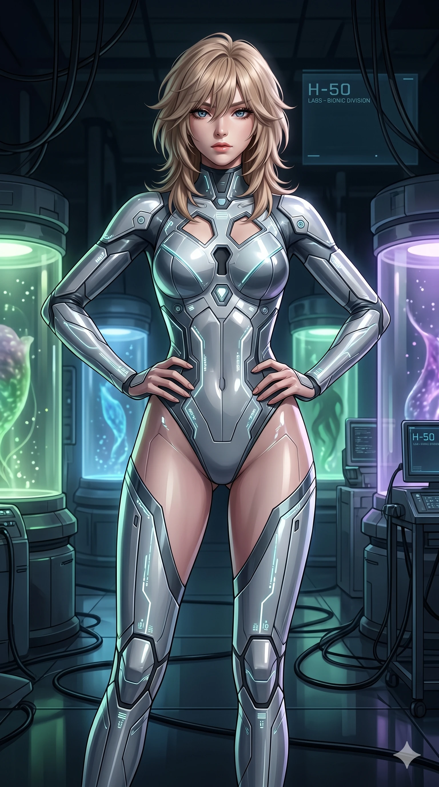 score_9, masterpiece, best quality, ultra-detailed, high-budget anime keyframe, editorial fashion photography, tasteful artistic composition, Japanese woman. cowboy shot from the thighs up, character and outfit filling the frame for maximum editorial presence. holding a confident power pose with both hands on her hips, her eyes staring down the viewer with icy coldness standing inside a bionic research lab with glowing containment pods (Scenario Code H-50). She has an absolutely perfect 8-heads proportion, an exceptionally tall and slender female figure with impossibly long slender legs and an ultra-slim waist. V-shaped jawline, high-bridge nose, intricate jewel-like eyes with depth, thick eyelashes, glossy lips with a natural sheen. wearing a cybernetic structured bodysuit featuring glossy plastic plating and geometric keyhole cutouts at the chest. illuminated by a sharp side key light tracing her sleek curves against the darkness. 2k, ultra detail, master piece, 9:16 ratio