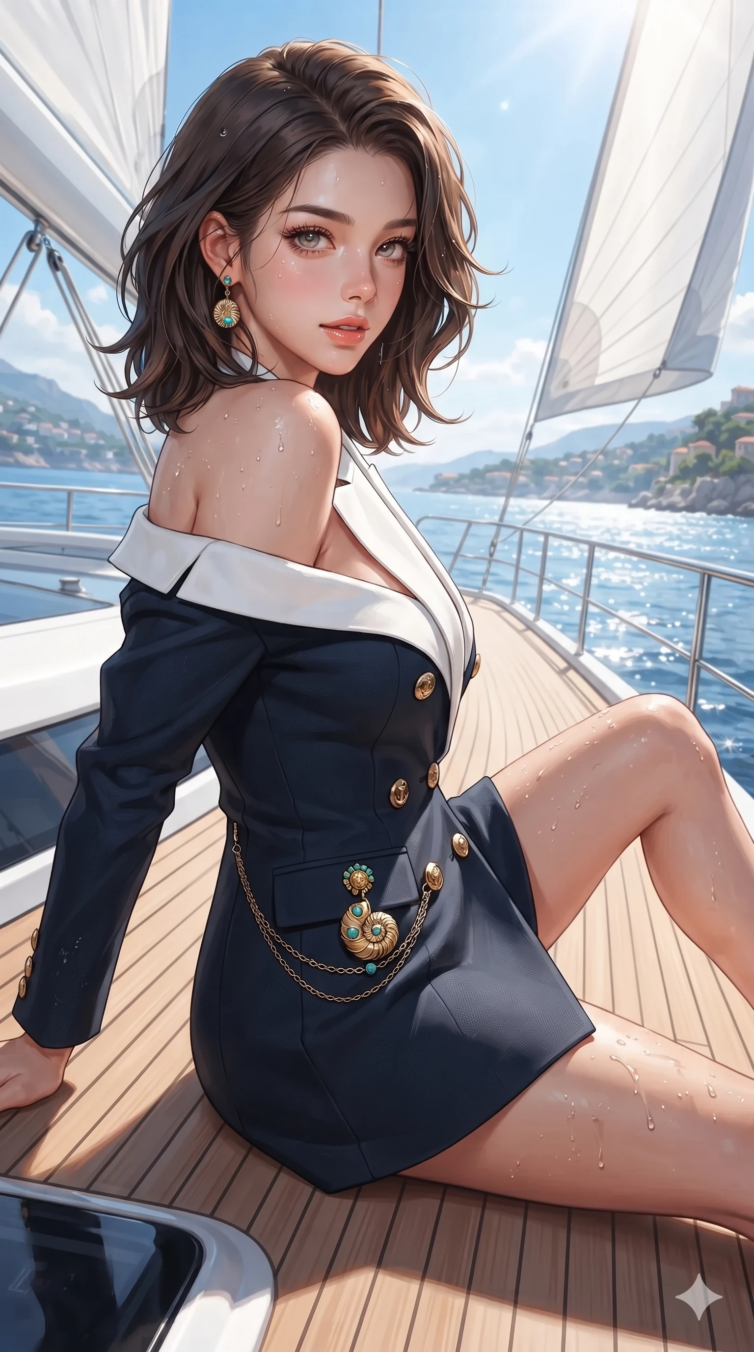 score_9, masterpiece, best quality, ultra-detailed, high-budget anime keyframe, editorial fashion photography, tasteful artistic composition, Korean woman. close-up cowboy shot from the waist and thighs up, the character dominates the composition, filling the frame with her large presence. posing in an alluring rear three-quarter angle, looking over a bare shoulder with parted glossy lips, her hips cocked back to highlight her slim hourglass curve while lounging across the teak yacht deck propped on one elbow with legs extended, her flat midriff and long slender legs commanding the panoramic coastal vista as sea spray glints in the sunlight. The surrounding environment is rendered in vivid detail and crisp panoramic clarity: detailed second-skin sailing bodysuit texture, salt-spray droplets on skin, and modern naval architecture in high resolution. She has an exceptionally elegant, slender, and willowy female figure with an ultra-slim waist, flat toned midriff, narrow ribcage, and sculpted feminine hips creating an alluring, slim hourglass silhouette without bulk. sharp v-shaped jawline, high-bridge nose, sparkling eyes with hypnotic seductive depth, thick curled eyelashes, glossy parted lips with a natural dewy peach sheen, alluring bedroom-eyes with an enchanting coquettish smile, exuding magnetic siren charisma and sophisticated glamour, flawlessly proportioned anatomical accuracy, strict slender model proportions, natural body alignment, perfectly sculpted long slender limbs, ultra-slim waistline, clean dynamic posture without body distortion. wearing a tailored double-breasted nautical yachting blazer dress with gold anchor crest buttons and crisp white lapels in French Riviera navy and crisp champagne gold, woven from bespoke sun-bleached selvedge linen with rich tactile slub texture, accented with an authentic engraved gold nautilus shell medallion and turquoise cabochons, the bespoke structured tailoring following the natural line of her 8.5-heads silhouette with refined elegance. bathed in intense, brilliant 3400K maritime sunlight reflecting off open Mediterranean waters and crisp white sails. ultra-reflective glossy finish, specular highlights, rich textural contrasts, high-contrast stereoscopic depth, volumetric dynamic lighting, 2k, ultra detail, master piece, 9:16 ratio