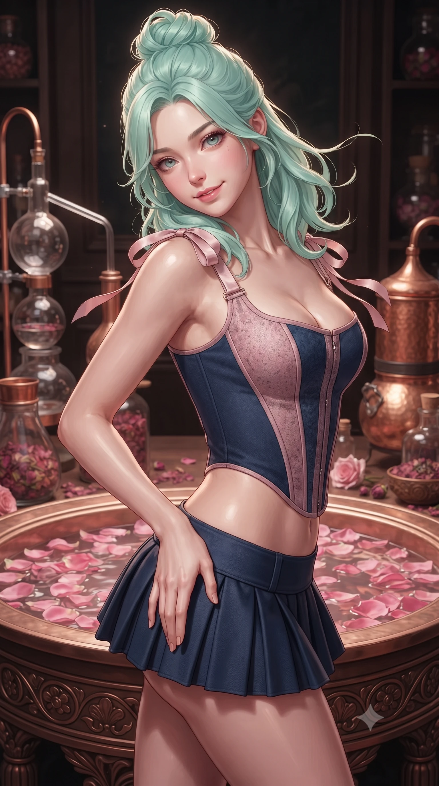 score_9, masterpiece, best quality, ultra-detailed, high-budget anime keyframe, editorial fashion photography, tasteful artistic composition, Japanese woman. close-up cowboy shot from the waist and thighs up, the character dominates the composition, filling the frame with her large presence. tilting her head with a teasing half-smile, running one hand slowly down the side of her hip in a flirtatious S-curve as ambient light caresses her silhouette while twisting her slender torso in an alluring S-curve beside the rose petal extraction basin, soft lantern light caressing her narrow waist and curvy hips. The surrounding environment is rendered in vivid detail and crisp panoramic clarity: detailed outfit tailoring, delicate trims, and artisanal perfumery craft in razor-sharp precision. She has an exceptionally elegant, slender, and willowy female figure with an ultra-slim waist, flat toned midriff, narrow ribcage, and sculpted feminine hips creating an alluring, slim hourglass silhouette without bulk. sharp v-shaped jawline, high-bridge nose, intricate jewel-like sparkling eyes with depth, thick eyelashes, glossy parted lips with a natural peach sheen, bright cheerful beaming smile with an enchanting and coquettish sensual glint, exuding both youthful cute charm and seductive allure, flawlessly proportioned anatomical accuracy, strict slender model proportions, natural body alignment, perfectly sculpted long slender limbs, ultra-slim waistline, clean dynamic posture without body distortion. wearing a structured boned corset top paired with an ultra-short low-rise pleated micro mini skirt in Brittany pink granite rose and deep Atlantic navy, crafted from bespoke double-faced cashmere with an exceptionally soft tactile finish, finished with satin ribbon ties at the shoulders fluttering in the gentle breeze, the impeccably tailored cut draping gracefully along her slender figure with aristocratic poise. illuminated by copper reflection bounce and sharp rose-gold rim lights sculpting her features, flat midriff, and slender waist. ultra-reflective glossy finish, specular highlights, rich textural contrasts, high-contrast stereoscopic depth, volumetric dynamic lighting, 2k, ultra detail, master piece, 9:16 ratio