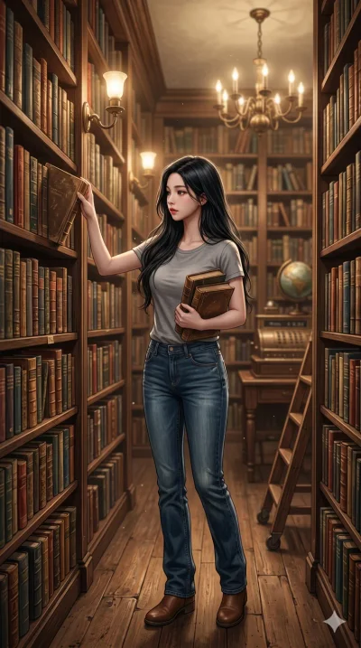 score_9, score_8_up, score_7_up, source_anime, masterpiece, best quality, ultra-detailed, same character with long flowing black hair, wearing a simple grey t-shirt and jeans, full body shot browsing books in an old bookstore, floor-to-ceiling booksh