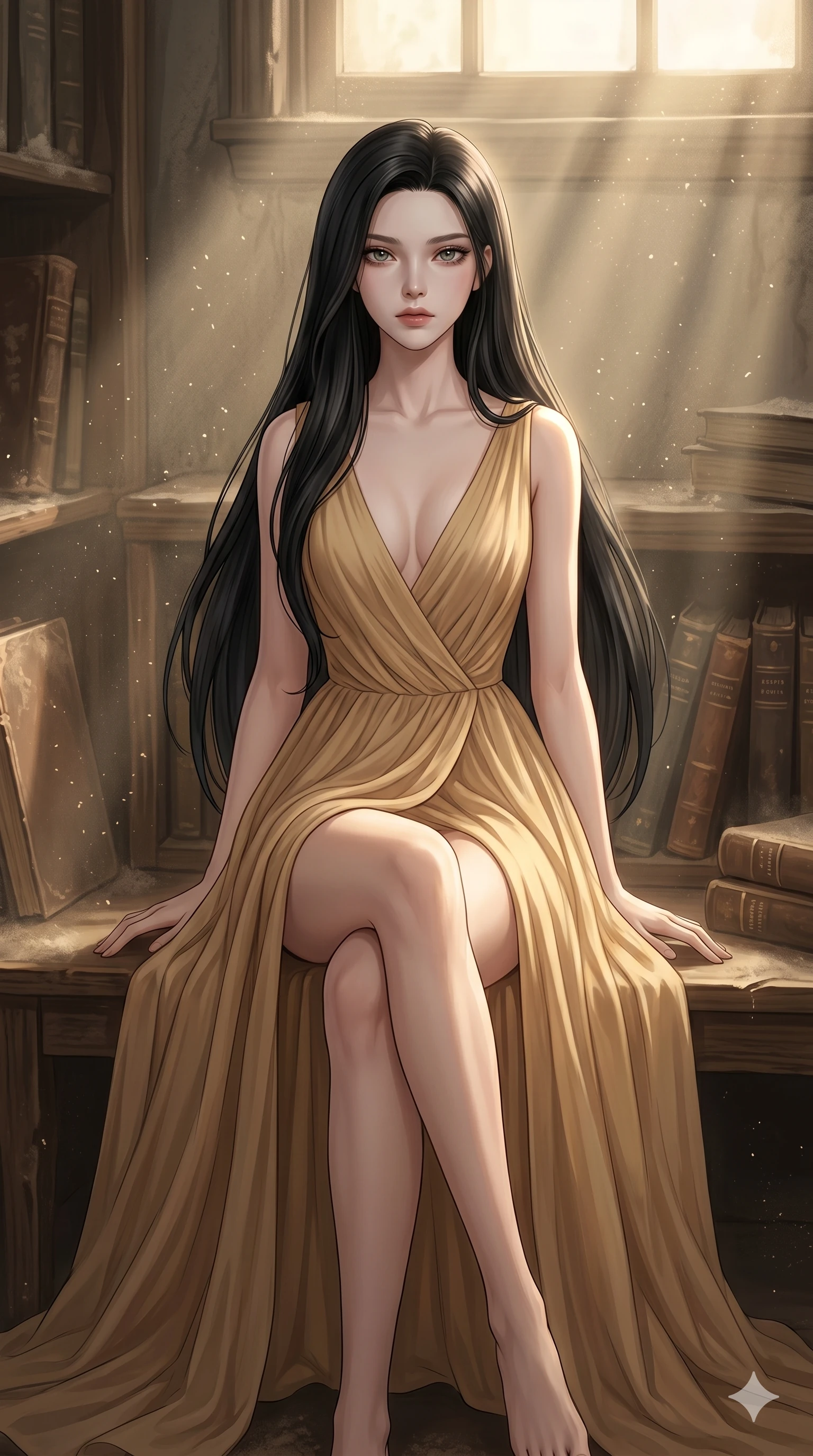 score_9, masterpiece, best quality, ultra-detailed, high-budget anime keyframe, editorial fashion photography, tasteful artistic composition, Korean woman. cowboy shot from the thighs up, character and outfit filling the frame for maximum editorial presence. staring directly into the lens with a hollow, heartbroken look, her face pale and devoid of hope sitting inside a dusty library corner with faded sunbeams and floating dust (Scenario Code S-4). She has an absolutely perfect 8-heads proportion, an exceptionally tall and slender female figure with impossibly long slender legs and an ultra-slim waist. V-shaped jawline, high-bridge nose, intricate jewel-like eyes with depth, thick eyelashes, glossy lips with a natural sheen. wearing a lightweight draped chiffon gown with a plunging V-neckline and a high front slit. drenched in a soft golden hour light that contrast with her mournful, sad expression. 2k, ultra detail, master piece, 9:16 ratio
