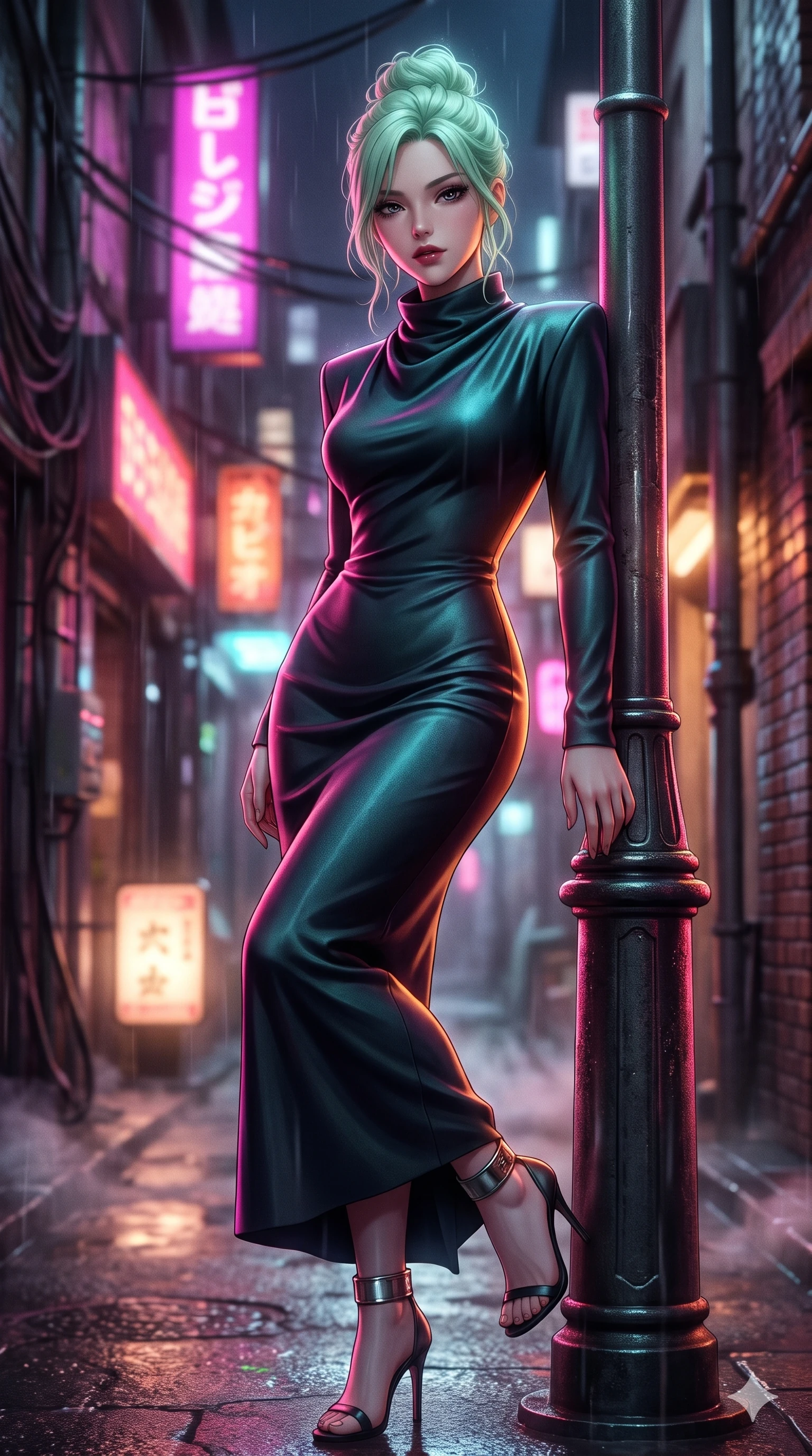 score_9, masterpiece, best quality, ultra-detailed, high-budget anime keyframe, semi-realistic 3D game render, editorial fashion photography, tasteful artistic composition, Japanese woman. close-up cowboy shot from the waist and thighs up, the character dominates the composition, filling the frame with her large presence. leaning against a historic cast-iron lamppost with one knee bent, night mist drifting through her hair as her dark outfit traces her feminine curves while twisting her slender torso in an alluring S-curve in the narrow alley, neon pink and amber reflections contouring her flat midriff and hips. The background shows a soft-focus nocturnal Tokyo alleyway softened in atmospheric rain shallow focus. She has an exceptionally elegant, slender, and willowy female figure with an ultra-slim waist, flat toned midriff, narrow ribcage, and sculpted feminine hips creating an alluring, slim hourglass silhouette without bulk. sharp v-shaped jawline, high-bridge nose, intricate jewel-like dark sparkling eyes with dangerous depth, thick curled eyelashes, glossy parted lips with a rich wine sheen, smoldering seductive half-smile with bedroom-eyes, exuding effortless superiority and intoxicating dark allure, flawlessly proportioned anatomical accuracy, strict slender model proportions, natural body alignment, perfectly sculpted long slender limbs, ultra-slim waistline, clean dynamic posture without body distortion. wearing a bespoke architectural wool-crepe column gown with high cowl neck and sharp structured shoulders in iridescent petroleum beetle-sheen and deep graphite, woven from bespoke high-density barathea wool with refined ceremonial hold, complemented by strappy stiletto heels with metallic ankle cuffs accentuating her slender calves, the impeccably tailored cut draping gracefully along her slender figure with aristocratic noir poise. illuminated by steam-lit ground bounce and sharp fuchsia-cyan rim lights defining her razor-sharp jawline, narrow waist, and curvy hips. highly saturated vibrant anime colors, detailed shading with soft gradients, rich glossy textures, high-contrast stereoscopic depth, volumetric dynamic lighting, master piece, 9:16 ratio