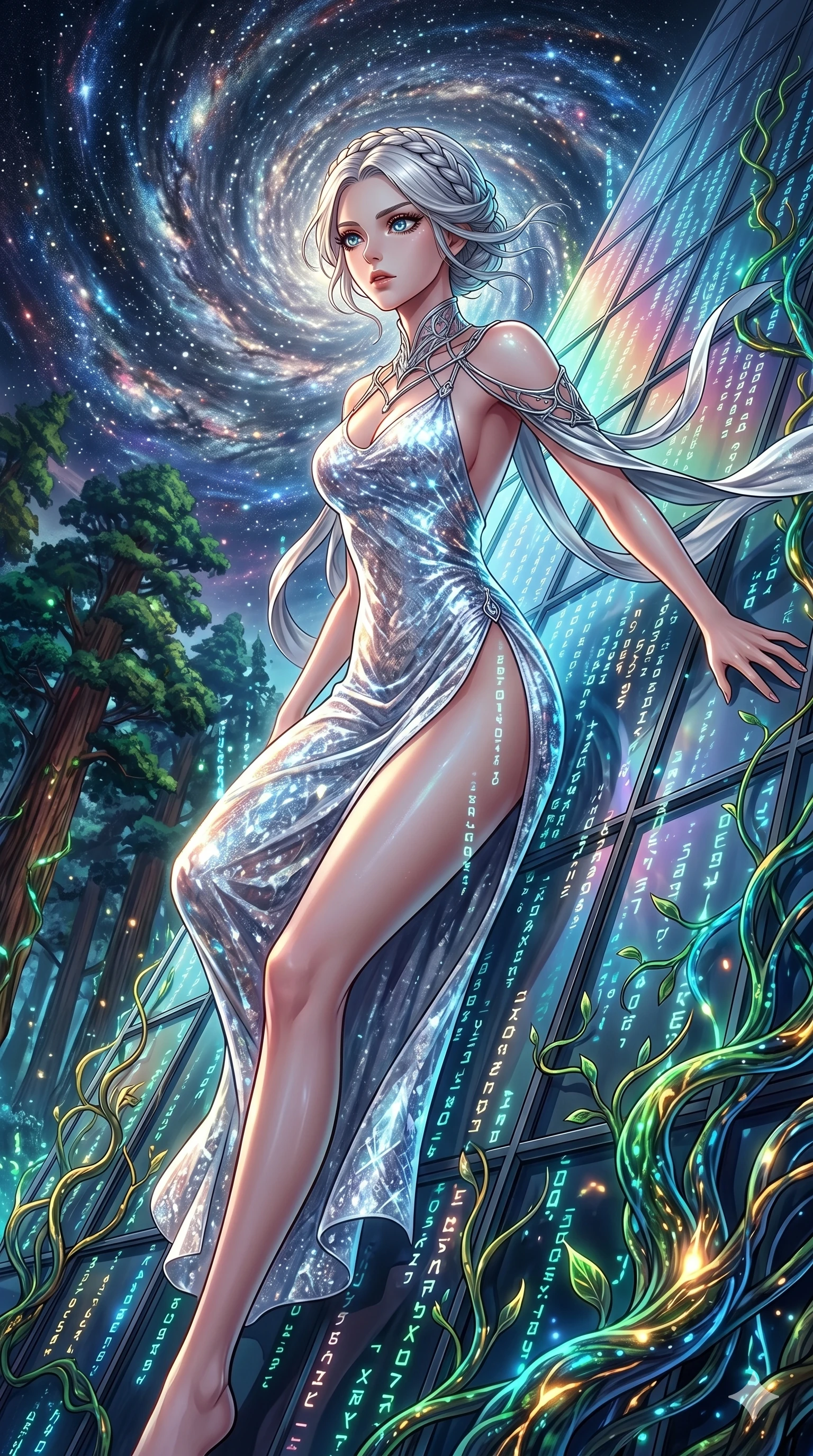 score_9, masterpiece, best quality, ultra-detailed, Set A: High-budget Anime Keyframe, Japanese woman. Upper body close-up from the thighs up, character filling the screen for maximum presence. Theme: Primal Nature. sliding down a glass skyscraper in a giant redwood forest with glowing vines, as a digital rain of 107 symbols washes over her. The atmosphere is filled with a swirling vortex of stars. She has an absolutely perfect 8-heads proportion, an exceptionally tall and slender female figure with impossibly long slender legs and an ultra-slim waist. Sharp v-shaped jawline, high-bridge nose, intricate jewel-like eyes with depth, glossy lips. Wearing Liquid-diamond texture dress with an impossibly high side slit and silver straps. Cinematic lighting, vivid colors, dramatic shadows, 2k, ultra detail, master piece, 9:16 ratio