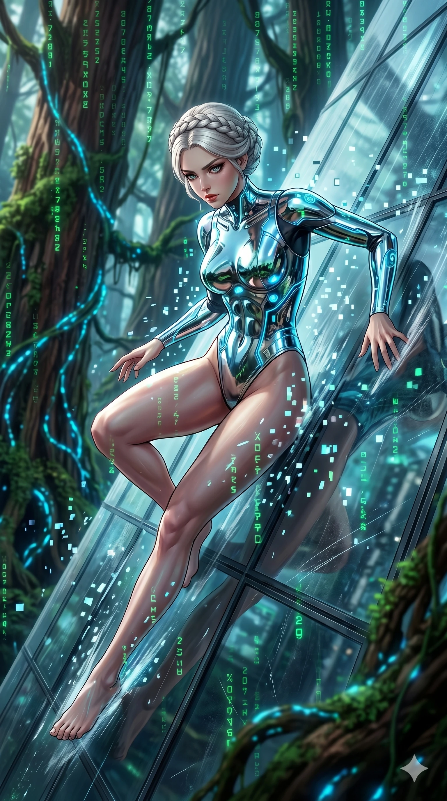 score_9, masterpiece, best quality, ultra-detailed, Set A: High-budget Anime Keyframe, Japanese woman. Upper body close-up from the thighs up, character filling the screen for maximum presence. Theme: Primal Nature. sliding down a glass skyscraper in a giant redwood forest with glowing vines, as a digital rain of 207 symbols washes over her. The atmosphere is filled with a blizzard of digital pixels. She has an absolutely perfect 8-heads proportion, an exceptionally tall and slender female figure with impossibly long slender legs and an ultra-slim waist. Sharp v-shaped jawline, high-bridge nose, intricate jewel-like eyes with depth, glossy lips. Wearing Mirror-surface metallic bodysuit that reflects the environment, with high-cut legs. Cinematic lighting, vivid colors, dramatic shadows, 2k, ultra detail, master piece, 9:16 ratio