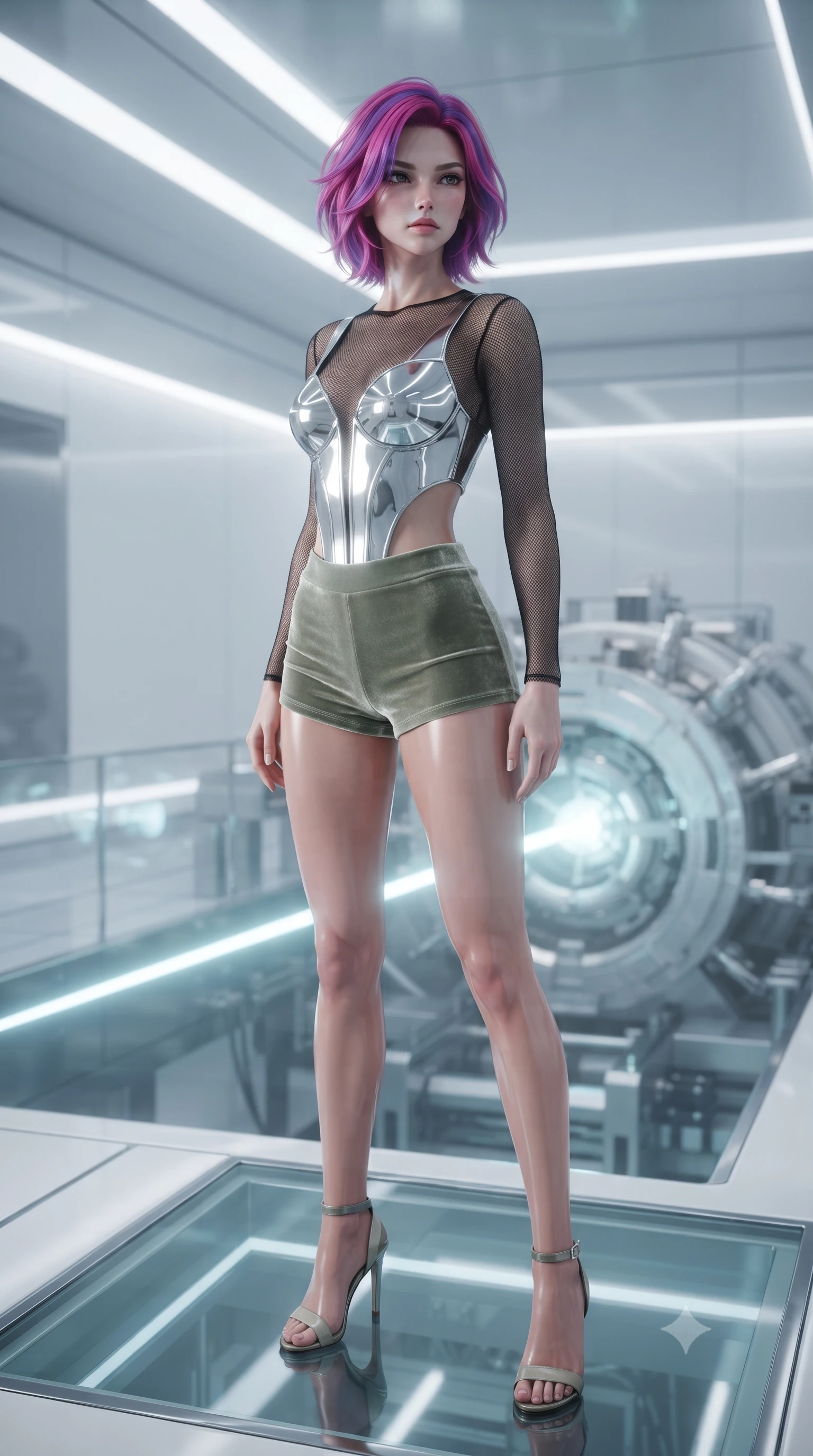 score_9, masterpiece, best quality, ultra-detailed, high-budget anime keyframe, editorial fashion photography, tasteful artistic composition, Caucasian woman. close-up cowboy shot from the waist and thighs up, the character dominates the composition, filling the frame with her large presence, background elements kept in soft focus. Gazing past the camera with an air of effortless elegance and mysterious confidence poised on a glass platform over a quantum particle accelerator core, sleek reflective white and chrome surfaces emphasizing ultra-clean lines. She has an exceptionally elegant, slender, and willowy female figure with an ultra-slim waist, a gracefully sculpted slender torso, and a refined silhouette. sharp v-shaped jawline, high-bridge nose, intricate jewel-like eyes with depth, thick eyelashes, glossy lips with a natural sheen. wearing a chrome-plated structured bodice worn over a sheer mesh top and micro-shorts in sage green and oatmeal, made of premium stretch velvet with a rich sheen, featuring clean architectural cutouts along her slender torso, the elegant draped fit framing her graceful clavicle and slender torso. lit by bright volumetric laser beams and soft specular highlights. ultra-reflective glossy finish, specular highlights, metallic sheen, high-contrast stereoscopic depth, volumetric dynamic lighting, 2k, ultra detail, master piece, 9:16 ratio