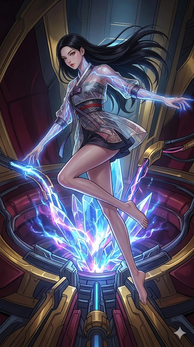 score_9, masterpiece, best quality, ultra-detailed, high-budget anime movie keyframe, cinematic anime lighting, intricate line art, Korean woman. Mid-air action shot capturing a graceful twist and vertical silhouette. interfacing with a starship's co