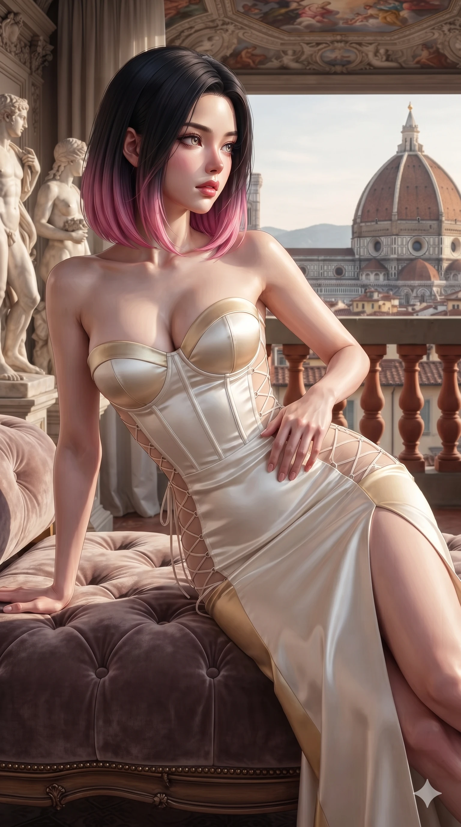 score_9, masterpiece, best quality, ultra-detailed, high-budget anime keyframe, editorial fashion photography, tasteful artistic composition, Korean woman. close-up cowboy shot from the waist and thighs up, the character dominates the composition, filling the frame with her large presence. resting one manicured hand delicately on her hip bone, her upper body turning in a fluid, seductive S-curve while parted lips glisten in the light while reclining on a velvet daybed beside classical marble sculptures, casting a sultry, contemplative bedroom-gaze over the rooftops of Florence. The surrounding environment is rendered in vivid detail and crisp panoramic clarity: sharp terracotta balustrade texture, renaissance ceiling fresco brushwork, and distant Duomo ribbing in deep focus. She has an exceptionally elegant, slender, and willowy female figure with an ultra-slim waist, flat toned midriff, narrow ribcage, and sculpted feminine hips creating an alluring, slim hourglass silhouette without bulk. sharp v-shaped jawline, high-bridge nose, intricate jewel-like eyes with depth, thick eyelashes, glossy parted lips with a natural sheen, intensely captivating and seductive bedroom-eyes expression, flawlessly proportioned anatomical accuracy, strict slender model proportions, natural body alignment, perfectly sculpted long slender limbs, ultra-slim waistline, clean dynamic posture without body distortion. wearing a form-fitting corseted satin bustier evening gown with sheer side waist panels and dramatic leg slit in pure alabaster white and sun-kissed gold, tailored from heavy Italian silk mikado with an architectural structured drape, featuring fine criss-cross lace-up side ties revealing tantalizing glimpses of her hip curve, the precision-cut side openings and low-back scoop framing her graceful spine and the sensual sweep of her slim, toned hips. illuminated by crisp directional sunset rays sculpting her sculpted clavicle, flat midriff, and rounded hips. ultra-reflective glossy finish, specular highlights, rich textural contrasts, high-contrast stereoscopic depth, volumetric dynamic lighting, 2k, ultra detail, master piece, 9:16 ratio