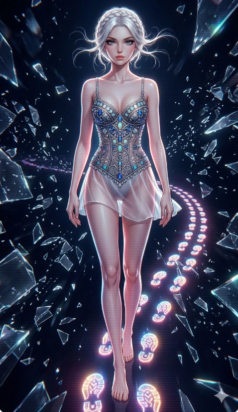 score_9, masterpiece, best quality, ultra-detailed, Set A: High-budget Anime Keyframe, Caucasian (strictly human ears) woman. Upper body close-up from the thighs up, character filling the screen for maximum presence. Sliding through a virtual reality void, as she leaves a trail of 158 glowing footprints and surrounded by shattered glass fragments. She has an absolutely perfect 8-heads proportion, an exceptionally tall and slender female figure with impossibly long slender legs and an ultra-slim waist. Sharp v-shaped jawline, high-bridge nose, intricate jewel-like eyes with depth, thick eyelashes, glossy lips with a natural sheen. Wearing Intricate jewel-encrusted corset over a sheer silk slip with high-cut leg line. Cinematic lighting, vibrant colors, dramatic shadows, 2k, ultra detail, master piece, 9:16 ratio