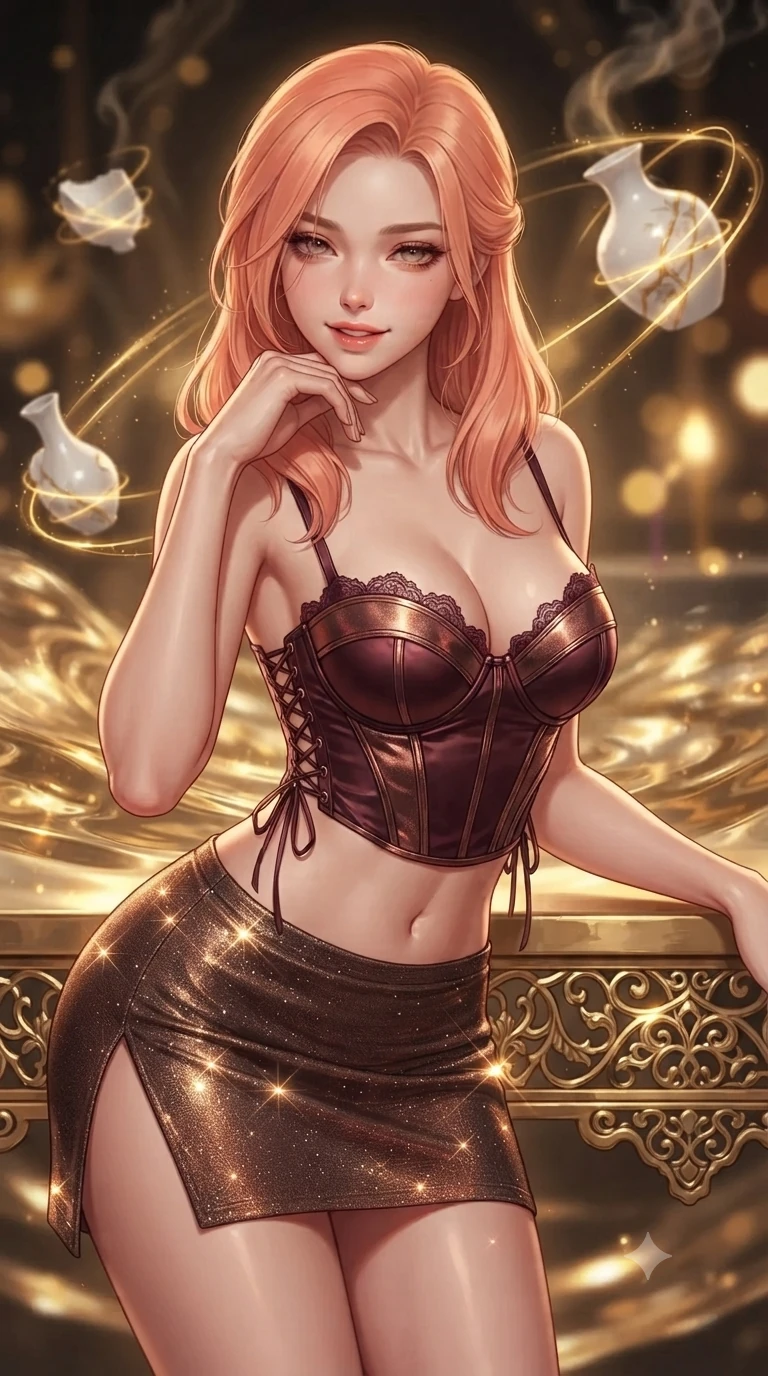 score_9, masterpiece, best quality, ultra-detailed, high-budget anime keyframe, editorial fashion photography, tasteful artistic composition, Japanese woman. close-up cowboy shot from the waist and thighs up, the character dominates the composition, filling the frame with her large presence. resting one elbow on the table and supporting her chin, leaning close to the camera with heavy-lidded sparkling eyes and parted lips while standing poised on the golden filigree altar as liquid gold streams connect suspended porcelain vase fragments, arching her lower back with sovereign supermodel grace while golden light threads bind broken ceramic pieces in dynamic orbital motion. The background shows a soft-focus floating white porcelain fragments bound by golden light threads, shimmering liquid gold ripples, and distant temple incense blurred into gold, ivory, and amber bokeh. She has an exceptionally elegant, slender, and willowy female figure with an ultra-slim waist, flat toned midriff, narrow ribcage, and sculpted feminine hips creating an alluring, slim hourglass silhouette without bulk. sharp v-shaped jawline, high-bridge nose, intricate jewel-like sparkling eyes with depth, thick eyelashes, glossy parted lips with a natural peach sheen, bright cheerful beaming smile with an enchanting and coquettish sensual glint, exuding both youthful cute charm and seductive allure, flawlessly proportioned anatomical accuracy, strict slender model proportions, natural body alignment, perfectly sculpted long slender limbs, ultra-slim waistline, clean dynamic posture without body distortion. wearing a sculpted satin underwire crop corset with lace-up side ties paired with a low-rise micro skirt in deep burgundy and bronze accents, woven from stretch metallic lurex jersey casting radiant starlight glints across her curves, finished with scalloped eyelash lace trim framing her sweetheart neckline with intimate elegance, the high-slit wrap tailoring accentuating her ultra-slim waistline and the enchanting curve of her feminine hips with alluring seductive charm. bathed in the majestic warm 2600K inner radiance of golden kintsugi veins mixed with soft ambient temple lantern light. ultra-reflective glossy finish, specular highlights, rich textural contrasts, high-contrast stereoscopic depth, volumetric dynamic lighting, 2k, ultra detail, master piece, 9:16 ratio