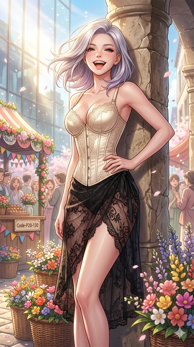 score_9, masterpiece, best quality, ultra-detailed, high-budget anime keyframe, vibrant anime aesthetic, Caucasian woman, strictly human ears. cowboy shot from the thighs up, character and outfit filling the frame for maximum presence. She is leaning
