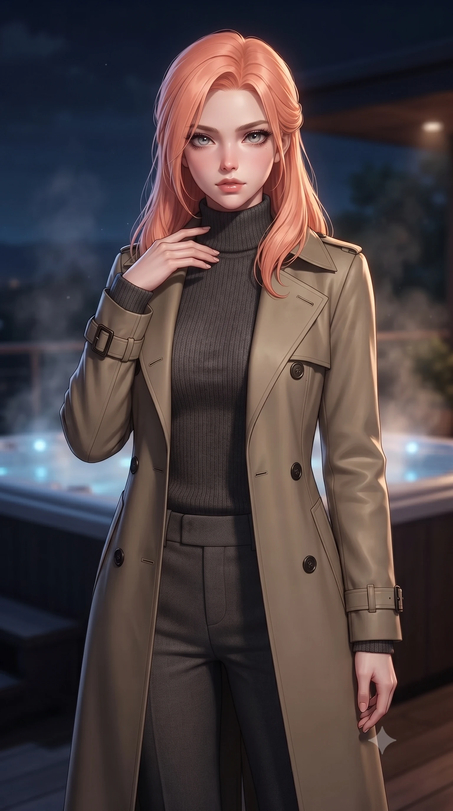 score_9, masterpiece, best quality, ultra-detailed, high-budget anime keyframe, editorial fashion photography, tasteful artistic composition, Japanese woman woman. close-up cowboy shot from the waist and thighs up, the character dominates the composition, filling the frame with her large presence, background elements kept in soft focus. standing with one hand resting on her collarbone, looking at the viewer with bedroom-eyes the background shows a soft-focus a terrace deck of a luxury villa with a private jacuzzi, overlooking a dark pine forest. She has an exceptionally elegant, slender, and willowy female figure with an ultra-slim waist, a gracefully sculpted slender torso, and a refined silhouette. sharp v-shaped jawline, high-bridge nose, intricate jewel-like eyes with depth, thick eyelashes, glossy lips with a natural sheen. wearing a slim-fit tailored trench coat in khaki cotton, worn closed over a high-neck dark grey knit sweater and trousers. the warm steam rising into the cool night air, catch in the blue jacuzzi lights. ultra-reflective glossy finish, specular highlights, metallic sheen, high-contrast stereoscopic depth, volumetric dynamic lighting, 2k, ultra detail, master piece, 9:16 ratio