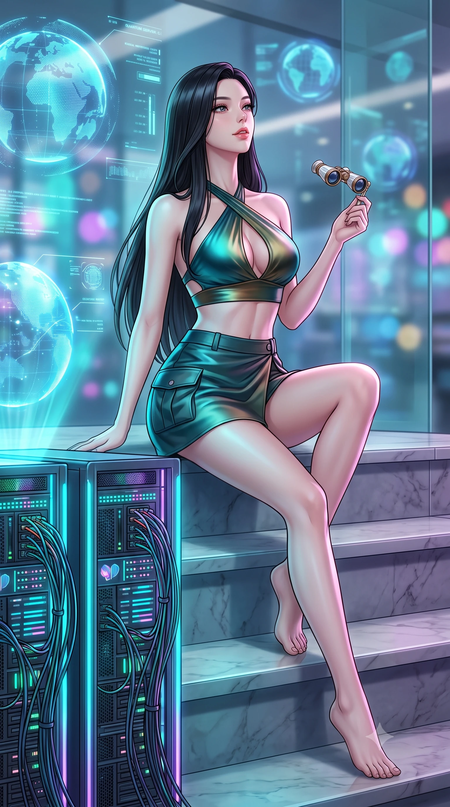 score_9, masterpiece, best quality, ultra-detailed, high-budget anime keyframe, semi-realistic 3D game render, editorial fashion photography, tasteful artistic composition, Korean woman. low angle full-body shot from head to toe showing her feet, filling the entire 9:16 vertical frame with her statuesque presence, stretching her vertical silhouette. sitting poised on the stone steps with one knee bent, arching her spine with supermodel elegance as she glances upward through thick eyelashes while twisting her slender torso in an alluring contrapposto pose beside glowing quantum server towers, looking back with an alluring smile. The background shows a soft-focus floating holographic globe projections, blinking fiber-optic server lights, and glass partitions blurred into cyan, violet, and emerald bokeh. She has an absolutely perfect, statuesque 8.5-heads proportion, an exceptionally tall and slender model-like female figure with impossibly long slender legs, an ultra-slim waist, a flat toned midriff, narrow delicate ribcage, and beautifully sculpted feminine hips creating a graceful, slim hourglass silhouette without any bulky heaviness. sharp v-shaped jawline, high-bridge nose, sparkling eyes with hypnotic seductive depth, thick curled eyelashes, glossy parted lips with a natural dewy peach sheen, alluring bedroom-eyes with an enchanting coquettish smile, exuding magnetic siren charisma and sophisticated glamour, flawlessly proportioned anatomical accuracy, strict slender model proportions, natural body alignment, perfectly sculpted long slender limbs, ultra-slim waistline, clean dynamic posture without body distortion. wearing a high-waisted tactical wrap mini skirt with dual utility pockets paired with a plunging criss-cross halter sports top in iridescent peacock teal and burnished antique brass, crafted from fluid liquid silk satin that clings smoothly to every curve with a dewy sheen, accented with an antique mother-of-pearl opera glass held casually in one hand, the precision-cut side openings and low-back scoop framing her graceful spine and the sensual sweep of her slim, toned hips. bathed in dynamic cyan and ultraviolet illumination radiating from giant holographic displays. highly saturated vibrant anime colors, detailed shading with soft gradients, rich glossy textures, high-contrast stereoscopic depth, volumetric dynamic lighting, master piece, 9:16 ratio