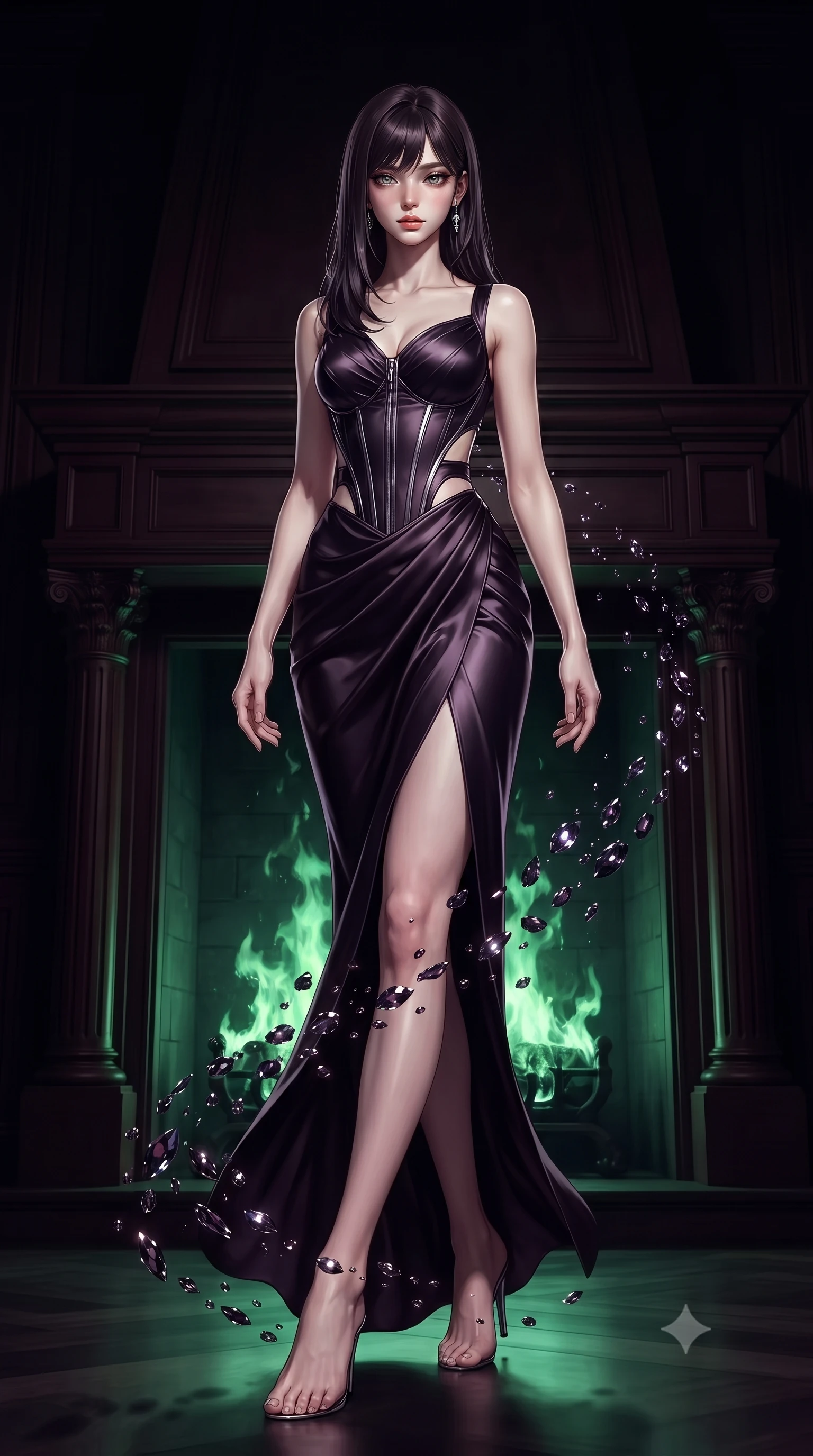 score_9, masterpiece, best quality, ultra-detailed, high-budget anime keyframe, editorial fashion photography, tasteful artistic composition, Korean woman. low angle full-body shot from head to toe showing her feet, filling the entire 9:16 vertical frame with her statuesque presence, stretching her vertical silhouette. interacting with floating dark crystal particles, her long slender legs poised in motion, standing before a massive dark mahogany fireplace with roaring green flames, dramatic theatrical shadows swallowing the colossal architectural background. She has an absolutely perfect, statuesque 8.5-heads proportion, an exceptionally tall and slender model-like female figure with impossibly long slender legs and an ultra-slim waist. sharp v-shaped jawline, high-bridge nose, intricate jewel-like eyes with depth, thick eyelashes, glossy lips with a natural sheen. wearing draped obsidian silk gown featuring tasteful waist slit cutouts in dark plum violet, made of soft dark satin, finished with metallic silver boning and sleek zipper points, accentuating her gracefully sculpted slender torso. surrounded by high-contrast baroque chiaroscuro with sharp rim highlights. ultra-reflective glossy finish, specular highlights, metallic sheen, high-contrast stereoscopic depth, volumetric dynamic lighting, 2k, ultra detail, master piece, 9:16 ratio