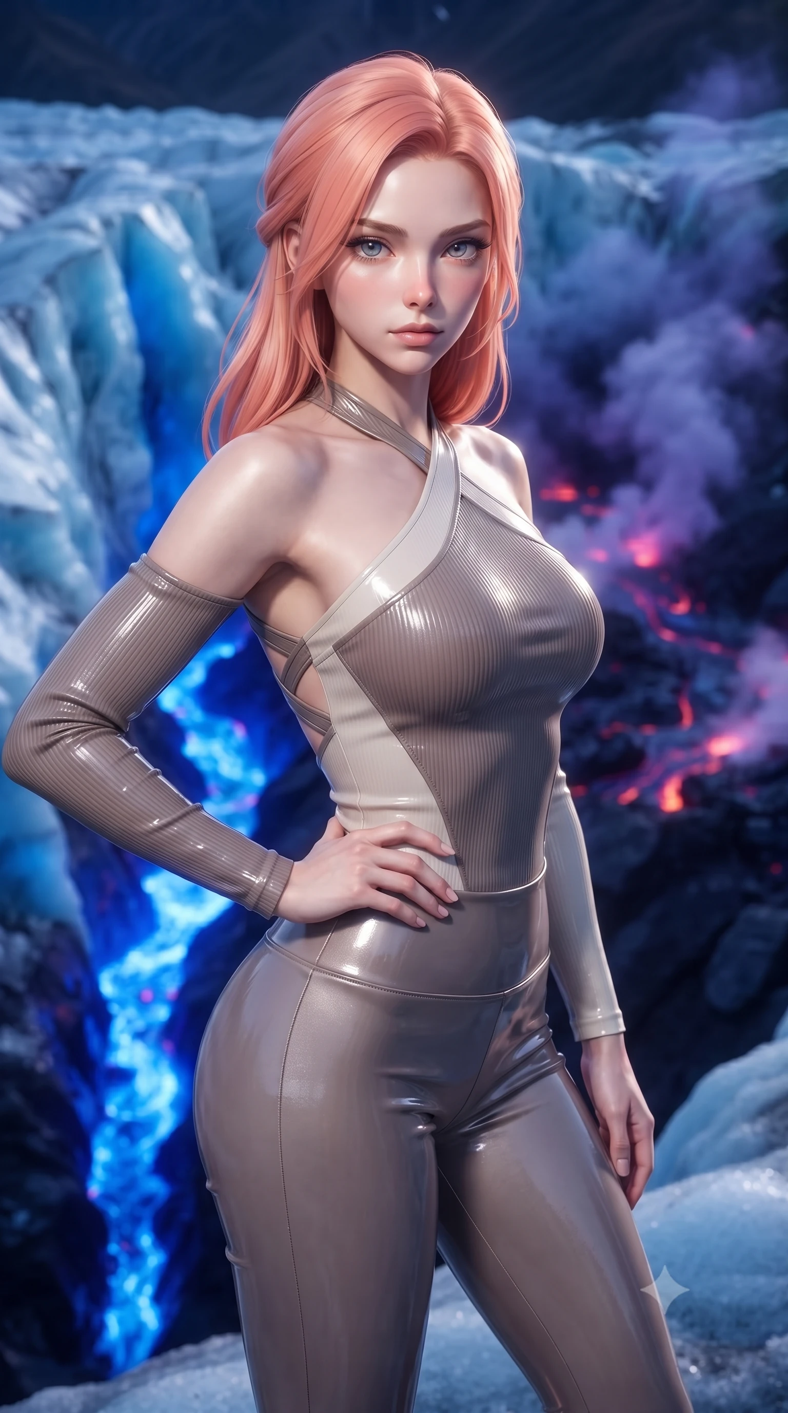 score_9, masterpiece, best quality, ultra-detailed, high-budget anime keyframe, editorial fashion photography, tasteful artistic composition, Japanese woman. close-up cowboy shot from the waist and thighs up, the character dominates the composition, filling the frame with her large presence, background elements kept in soft focus. Holding a confident power pose with one hand on her hip, gazing directly into the camera with quiet intensity standing beside a glacial fissure flowing with hot glowing cobalt blue magma, steam clouds rising from lava cracks reflecting deep violet and indigo. She has an exceptionally elegant, slender, and willowy female figure with an ultra-slim waist, a gracefully sculpted slender torso, and a refined silhouette. sharp v-shaped jawline, high-bridge nose, intricate jewel-like eyes with depth, thick eyelashes, glossy lips with a natural sheen. wearing a form-fitting ribbed activewear set with collar cutouts in muted taupe and soft ivory, tailored from high-gloss patent leather, complemented by criss-cross back straps highlighting her bare shoulders, the glove-like fit emphasizing her statuesque silhouette. illuminated by intense cobalt blue magma glow and icy silver moonlight. ultra-reflective glossy finish, specular highlights, metallic sheen, high-contrast stereoscopic depth, volumetric dynamic lighting, 2k, ultra detail, master piece, 9:16 ratio