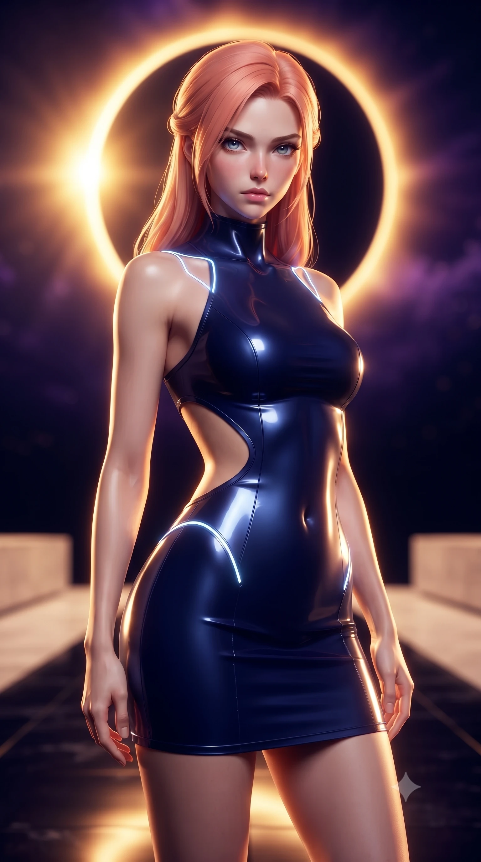score_9, masterpiece, best quality, ultra-detailed, high-budget anime keyframe, editorial fashion photography, tasteful artistic composition, Japanese woman. close-up cowboy shot from the waist and thighs up, the character dominates the composition, filling the frame with her large presence. gazing directly into the lens with bedroom eyes and a breathtaking, dangerous allure that commands the entire composition while pivoting dynamically on a polished obsidian plaza as the glowing solar corona casts dramatic golden rim light across her torso. The composition keeps background elements in soft focus with creamy bokeh. blazing golden eclipse corona ring and black velvet sky blurred into intense, dramatic golden-violet bokeh. She has an exceptionally elegant, slender, and willowy female figure with an ultra-slim waist, a gracefully sculpted slender torso, toned flat midriff, and a refined slim silhouette. sharp v-shaped jawline, high-bridge nose, intricate jewel-like eyes with depth, thick eyelashes, glossy lips with a natural sheen, flawlessly proportioned anatomical accuracy, strict slender model proportions, natural body alignment, perfectly sculpted long slender limbs, ultra-slim waistline, clean dynamic posture without body distortion. wearing a second-skin fashion-latex mini dress with a clean architectural front, featuring an open-back design that wraps around the sides of her waist, showcasing her slender silhouette in deep royal navy blue and specular chrome, tailored from semi-translucent cybernetic vinyl with glowing micro-filaments, accented with glowing fiber-optic seams tracing her collarbones and hip curves, the liquid-tight tailored fabric emphasizing every curve of her tall, slender model proportions and sculptured silhouette during dynamic movement. illuminated by sharp golden rim lights tracing her ultra-slim waist, long legs, and sculpted collarbones. ultra-reflective glossy finish, specular highlights, metallic sheen, high-contrast stereoscopic depth, volumetric dynamic lighting, 2k, ultra detail, master piece, 9:16 ratio