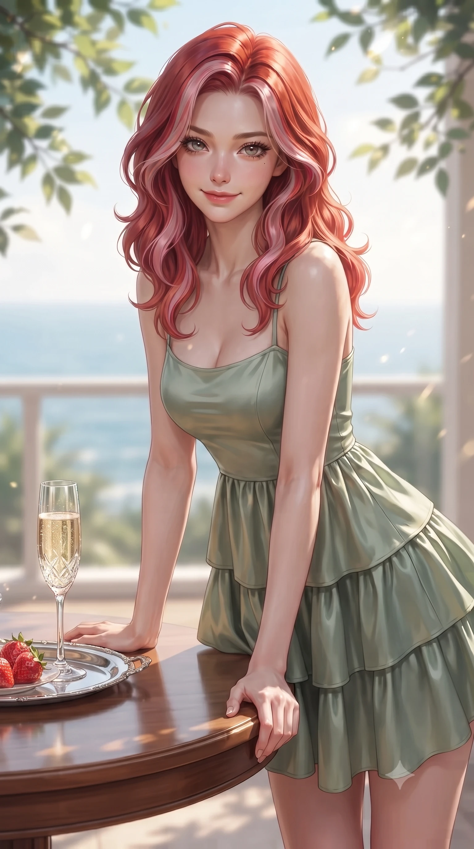 score_9, masterpiece, best quality, ultra-detailed, high-budget anime keyframe, editorial fashion photography, tasteful artistic composition, Caucasian woman. close-up cowboy shot from the waist and thighs up, the character dominates the composition, filling the frame with her large presence, background elements kept in soft focus. leaning slightly forward over the table with a playful, magnetic smile that locks direct eye contact set against a soft-focus background of inside an exclusive oceanfront balcony with a crystal glass of sparkling champagne and fresh strawberries on a silver tray. She has an exceptionally elegant, slender, and willowy female figure with an ultra-slim waist, a gracefully sculpted slender torso, and a refined silhouette. sharp v-shaped jawline, high-bridge nose, intricate jewel-like eyes with depth, thick eyelashes, glossy lips with a natural sheen. wearing form-contouring sage green liquid satin flowy linen sundress with a comfortable tiered skirt silhouette featuring refined tailored seams. highlighted by dappled sunlight filtering through leafy branches, creating soft organic patterns. ultra-reflective glossy finish, specular highlights, metallic sheen, high-contrast stereoscopic depth, volumetric dynamic lighting, 2k, ultra detail, master piece, 9:16 ratio