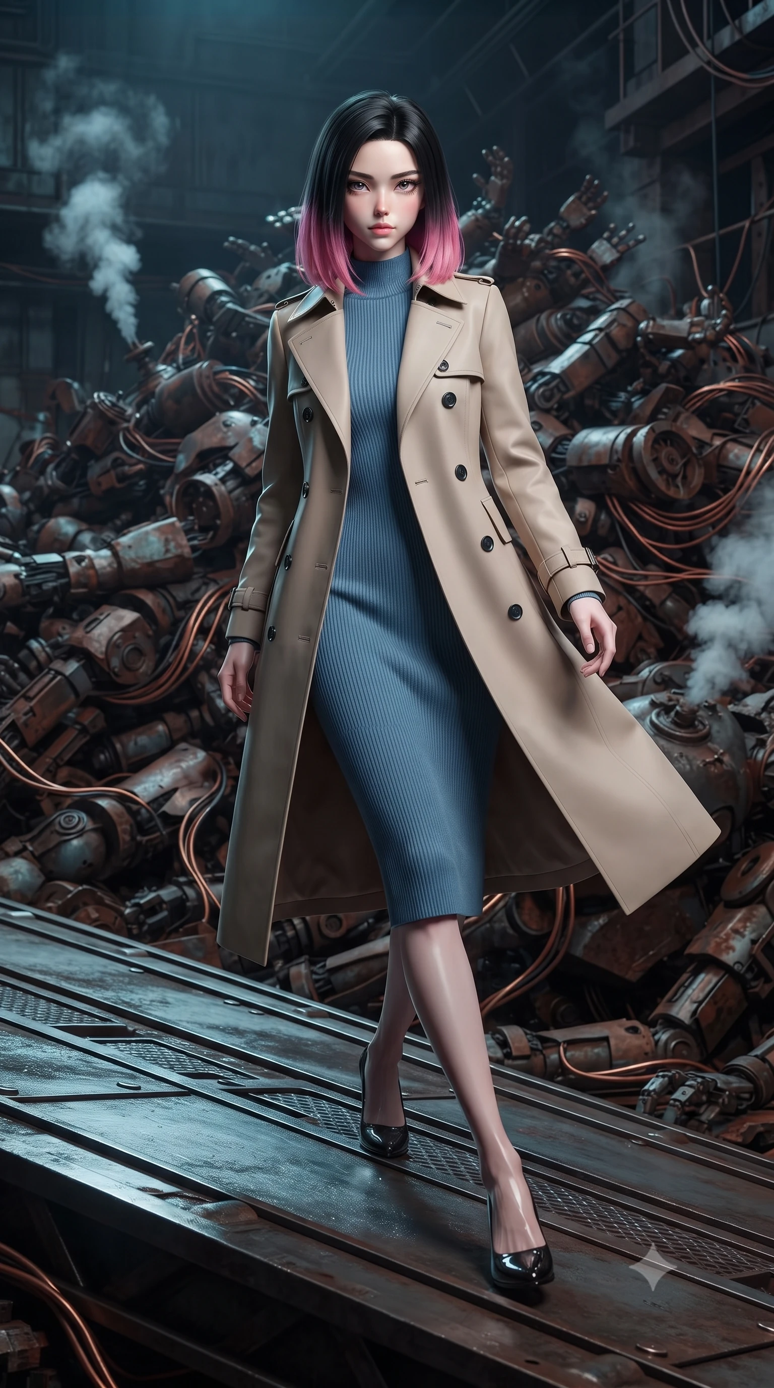 score_9, masterpiece, best quality, ultra-detailed, high-budget anime keyframe, editorial fashion photography, tasteful artistic composition, realistic cosplay photography, Korean woman. low angle full-body shot from head to toe showing her feet, filling the entire 9:16 vertical frame with her statuesque presence, stretching her vertical silhouette. skidding across a metal flight deck as the starship tilts violently during battle inside a mountain of rusted robotic limbs and copper wires in a damp industrial wasteland, steam venting from broken pressure valves. She has a statuesque 8.5-heads proportion, an exceptionally tall, slender and willowy model-like build with impossibly long legs and a highly sculpted ultra-slim waist. sharp v-shaped jawline, high-bridge nose, intricate jewel-like eyes with depth, thick eyelashes, glossy lips with a natural sheen. wearing tailored for maximum mobility, sleek form-contouring panels that allow fluid movement, a body-hugging classic double-breasted beige trench coat layered over a French blue mock-neck ribbed midi dress. soft aqua bioluminescent light making her skin luminously glow against darkness. ultra-reflective glossy finish, specular highlights, metallic sheen, high-contrast stereoscopic depth, volumetric dynamic lighting, 2k, ultra detail, master piece, 9:16 ratio