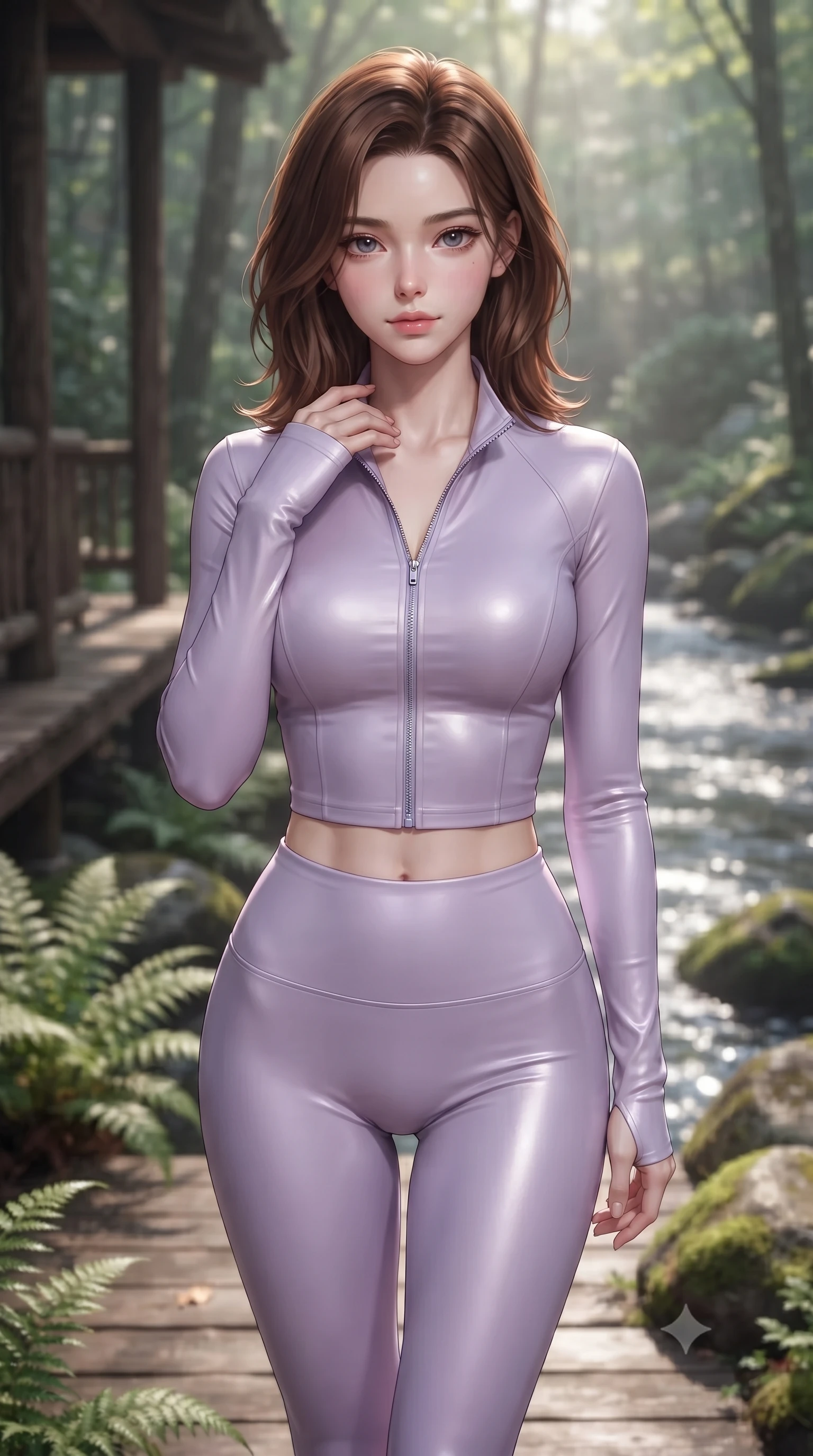 score_9, masterpiece, best quality, ultra-detailed, high-budget anime keyframe, editorial fashion photography, tasteful artistic composition, Korean woman. close-up cowboy shot from the waist and thighs up, the character dominates the composition, filling the frame with her large presence, background elements kept in soft focus. standing with one hand resting on her collarbone, looking at the viewer with bedroom-eyes the background shows a soft-focus a secluded forest stream cabin porch next to wild ferns and mossy boulders. She has an exceptionally elegant, slender, and willowy female figure with an ultra-slim waist, a gracefully sculpted slender torso, and a refined silhouette. sharp v-shaped jawline, high-bridge nose, intricate jewel-like eyes with depth, thick eyelashes, glossy lips with a natural sheen. wearing a slim-fit body-hugging activewear set of a tailored zip-up long-sleeve crop top and matching high-waisted leggings in soft lavender. dappled sunbeams reflecting off moving water onto her form. ultra-reflective glossy finish, specular highlights, metallic sheen, high-contrast stereoscopic depth, volumetric dynamic lighting, 2k, ultra detail, master piece, 9:16 ratio