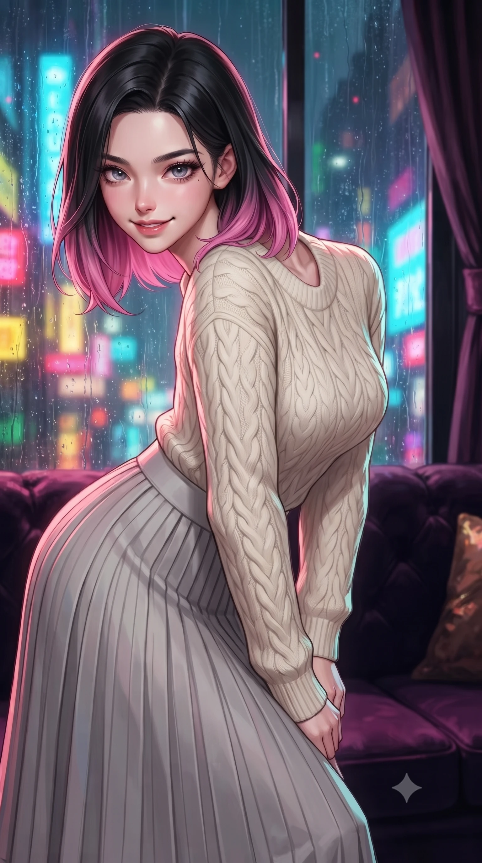 score_9, masterpiece, best quality, ultra-detailed, high-budget anime keyframe, editorial fashion photography, tasteful artistic composition, Korean woman. close-up cowboy shot from the waist and thighs up, the character dominates the composition, filling the frame with her large presence, background elements kept in soft focus. leaning slightly forward with a playful, teasing smile, her gaze locked onto the viewer the background shows a soft-focus a velvet-trimmed VIP suite overlooking a historic theater facade in the rain. She has an exceptionally elegant, slender, and willowy female figure with an ultra-slim waist, a gracefully sculpted slender torso, and a refined silhouette. sharp v-shaped jawline, high-bridge nose, intricate jewel-like eyes with depth, thick eyelashes, glossy lips with a natural sheen. wearing a body-hugging cozy cable-knit knit sweater in ivory wool, paired with a pleated light grey midi skirt. vibrant street neon lights reflecting off the wet windows onto her form. ultra-reflective glossy finish, specular highlights, metallic sheen, high-contrast stereoscopic depth, volumetric dynamic lighting, 2k, ultra detail, master piece, 9:16 ratio