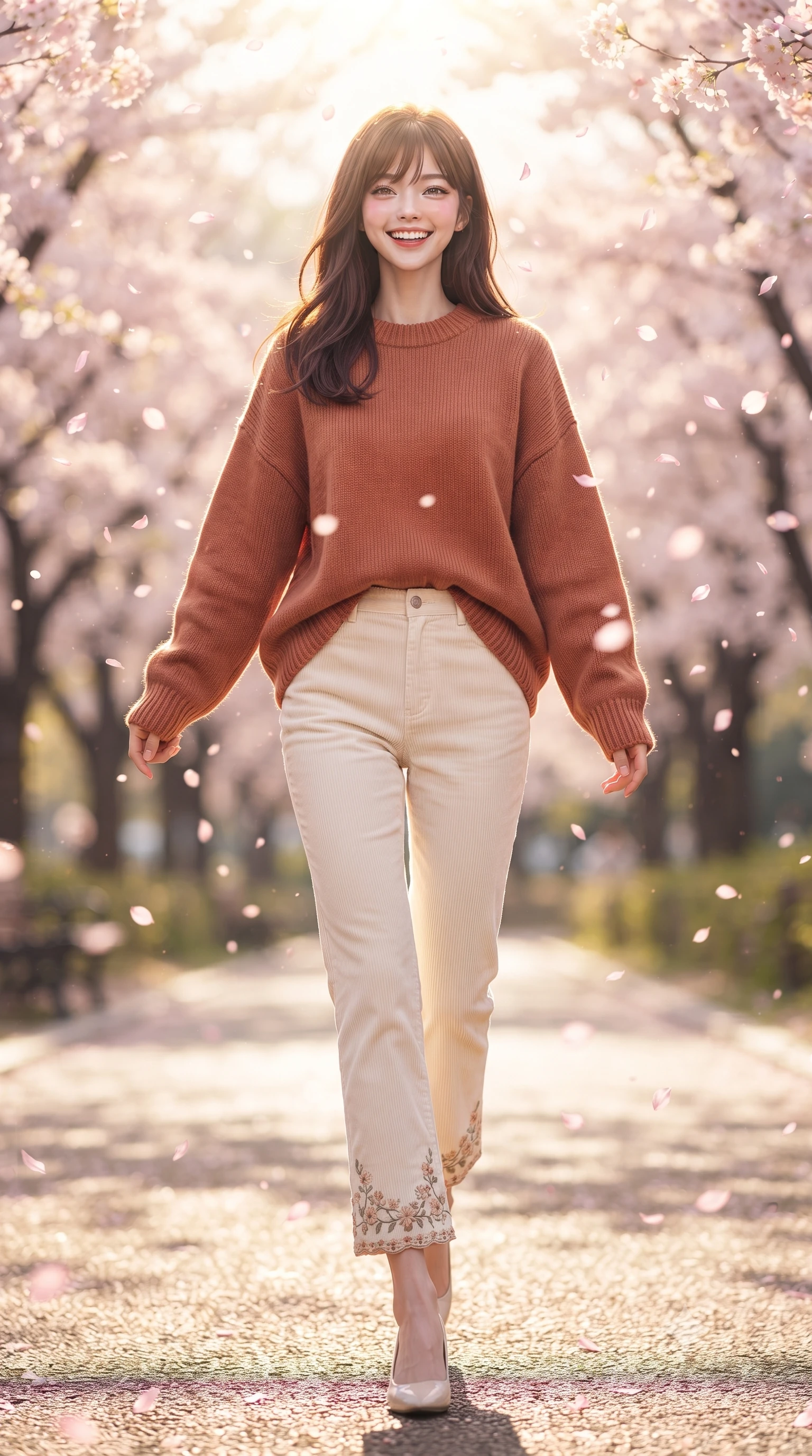 score_9, masterpiece, best quality, ultra-detailed, high-budget anime keyframe, editorial fashion photography, tasteful artistic composition, Korean woman. low angle full-body shot from head to toe showing her feet, filling the entire 9:16 vertical frame with her statuesque presence, stretching her vertical silhouette. stepping forward gracefully in mid-motion with a delighted cute expression, displaying her statuesque model proportions while pivoting dynamically with a beaming smile as delicate pink cherry blossom petals shower around her. The composition keeps background elements in soft focus with dreamy bokeh. fluttering sakura petals and sunlit park pathways softened in romantic background blur. She has an absolutely perfect, statuesque 8.5-heads proportion, an exceptionally tall and slender model-like female figure with impossibly long slender legs and an ultra-slim waist. sharp v-shaped jawline, high-bridge nose, intricate jewel-like eyes with depth, thick eyelashes, glossy lips with a natural sheen, flawlessly proportioned anatomical accuracy, natural body alignment, perfectly sculpted elegant limbs, clean dynamic posture without body distortion. wearing an oversized terracotta knit jumper over soft cream corduroy pants in sunny daffodil yellow and clear sky blue, tailored from soft pastel tweed with subtle metallic thread, complemented by delicate embroidered floral trim along the hem, the tailored casual silhouette highlighting her fresh and youthful presence. bathed in bright morning sunbeams and warm golden sakura backlighting. ultra-reflective glossy finish, specular highlights, metallic sheen, high-contrast stereoscopic depth, volumetric dynamic lighting, 2k, ultra detail, master piece, 9:16 ratio