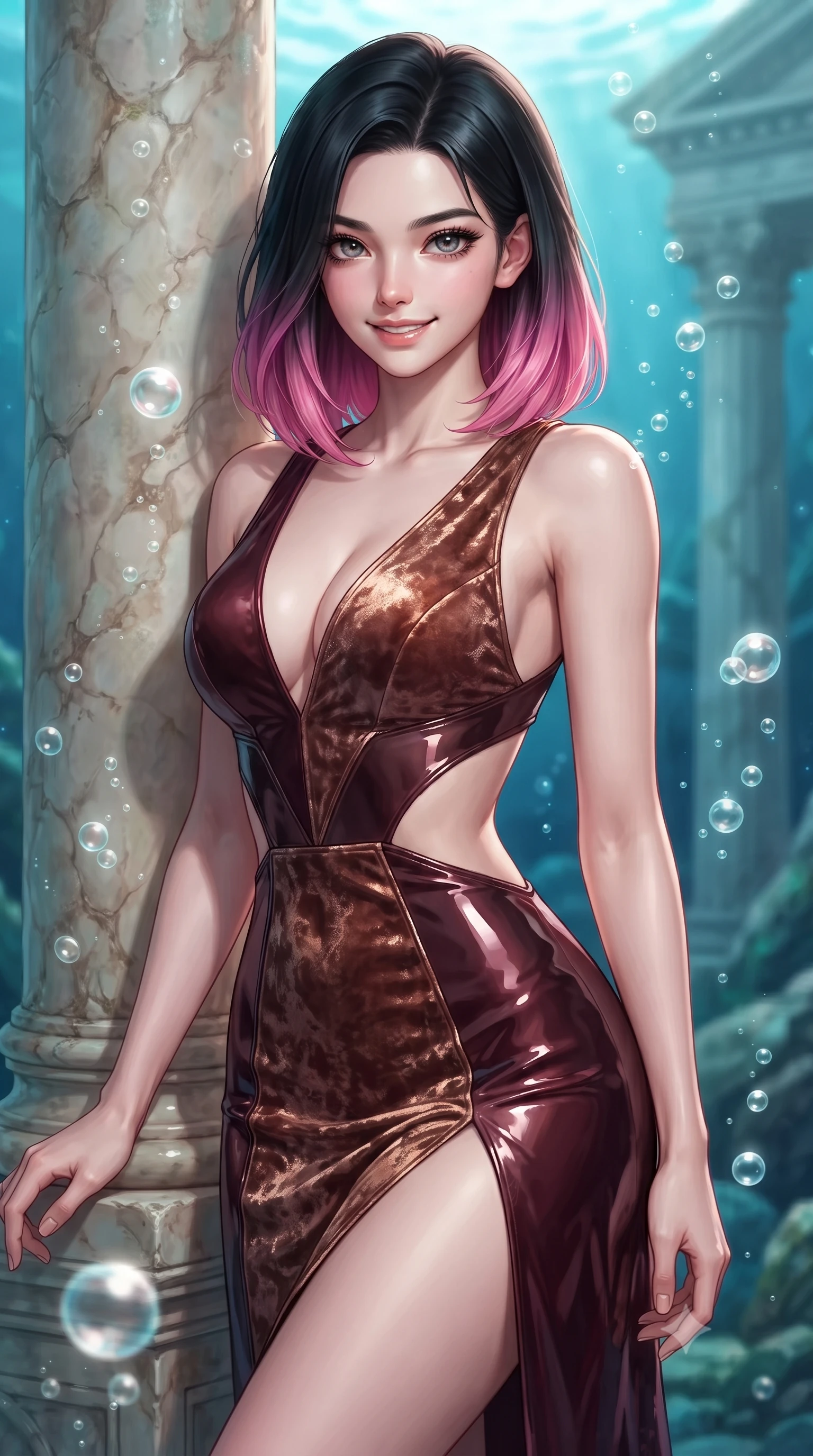 score_9, masterpiece, best quality, ultra-detailed, high-budget anime keyframe, editorial fashion photography, tasteful artistic composition, Korean woman. close-up cowboy shot from the waist and thighs up, the character dominates the composition, filling the frame with her large presence, background elements kept in soft focus. Smiling with quiet, magnetic self-assurance directly into the lens resting against an antique marble pillar as gentle sea bubbles rise around her, rising bioluminescent bubbles casting soft pearl-like highlights. She has an exceptionally elegant, slender, and willowy female figure with an ultra-slim waist, a gracefully sculpted slender torso, and a refined silhouette. sharp v-shaped jawline, high-bridge nose, intricate jewel-like eyes with depth, thick eyelashes, glossy lips with a natural sheen. wearing a backless crushed velvet gown with a deep V-neckline and high thigh slit in deep burgundy and bronze, tailored from high-gloss patent leather, featuring clean architectural cutouts along her slender torso, the tailored fabric tightly following every curve of her athletic build. surrounded by a shimmering ocean aura with bright pearl-white rim lights. highly saturated vibrant anime colors, detailed shading with soft gradients, rich glossy textures, high-contrast stereoscopic depth, volumetric dynamic lighting, master piece, 9:16 ratio