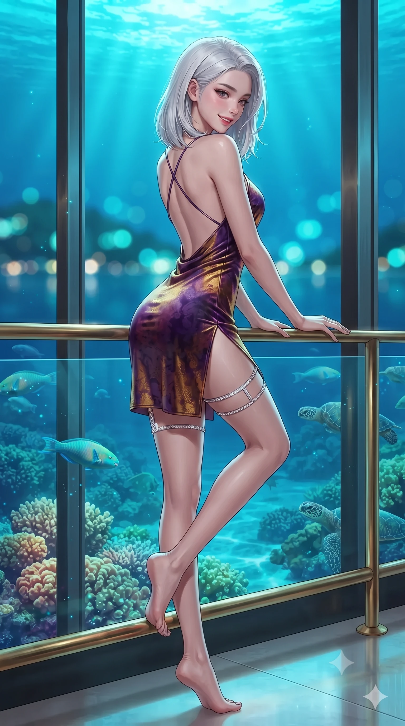 score_9, masterpiece, best quality, ultra-detailed, high-budget anime keyframe, editorial fashion photography, tasteful artistic composition, Korean woman. low angle full-body shot from head to toe showing her feet, filling the entire 9:16 vertical frame with her statuesque presence, stretching her vertical silhouette. posing in a classic haute-couture S-curve stance beside the floor-to-ceiling window, looking over a bare shoulder with magnetic presence while leaning against the nautical brass rail with hips cocked back, looking down at illuminated tropical parrotfish and sea turtles with smoldering bedroom-eyes. The background shows a soft-focus crystal-clear turquoise Caribbean waters with illuminated brain coral and swimming tropical fish below, distant island lights, blurred into cyan, emerald, and sapphire bokeh. She has an exceptionally tall and slender model-like 8.5-heads proportion, an ultra-slim waist, a flat toned midriff, narrow delicate ribcage, and beautifully sculpted feminine hips creating a graceful, slim hourglass silhouette without any bulky heaviness, with impossibly long slender legs. sharp v-shaped jawline, high-bridge nose, intricate jewel-like sparkling eyes with depth, thick eyelashes, glossy parted lips with a natural peach sheen, bright cheerful beaming smile with an enchanting and coquettish sensual glint, exuding both youthful cute charm and seductive allure, flawlessly proportioned anatomical accuracy, strict slender model proportions, natural body alignment, perfectly sculpted long slender limbs, ultra-slim waistline, clean dynamic posture without body distortion. wearing a backless liquid lamé mini dress with criss-cross spinal straps and daring side slit in Scottish Highlands heather thistle purple and antique hearth ember gold, tailored from ultra-plush silk velvet with rich tactile depth and deep shadow gradients, finished with delicate crystal-encrusted thigh garter straps glinting in the dim light, the high-slit wrap tailoring accentuating her ultra-slim waistline and the enchanting curve of her feminine hips with alluring seductive charm. illuminated by water caustics bounce and sharp platinum-cyan rim lights sculpting her jawline, narrow waist, and curvy hips. ultra-reflective glossy finish, specular highlights, rich textural contrasts, high-contrast stereoscopic depth, volumetric dynamic lighting, 2k, ultra detail, master piece, 9:16 ratio