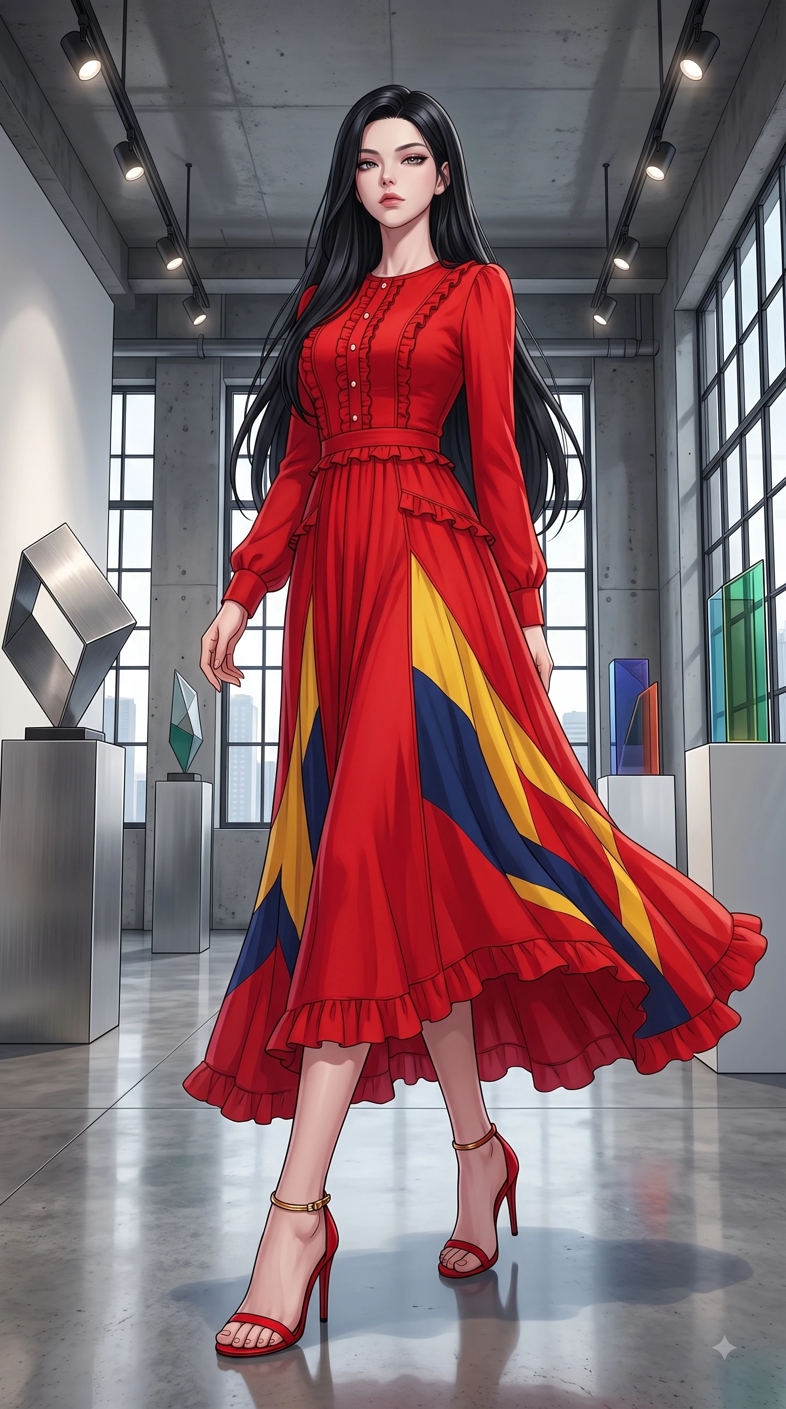 score_9, masterpiece, best quality, ultra-detailed, high-budget anime keyframe, editorial fashion photography, tasteful artistic composition, Korean woman. low angle full-body shot from head to toe showing her feet, filling the entire 9:16 vertical frame with her statuesque presence, stretching her vertical silhouette. Haughty, chic expression with a poised chin-tilt and an aloof, magnetic gaze commanding attention while stepping along a polished concrete gallery hall under sleek overhead gallery spotlights. The surrounding environment is rendered in vivid detail and crisp panoramic clarity. sleek designer sculptures, industrial window frames, and crisp spotlight reflections in deep focus. She has an absolutely perfect, statuesque 8.5-heads proportion, an exceptionally tall and slender model-like female figure with impossibly long slender legs and an ultra-slim waist. sharp v-shaped jawline, high-bridge nose, intricate jewel-like eyes with depth, thick eyelashes, glossy lips with a natural sheen, flawlessly proportioned anatomical accuracy, natural body alignment, perfectly sculpted elegant limbs, clean dynamic posture without body distortion. wearing a vibrant scarlet red chiffon maxi dress with a dramatic flowing skirt in sunflower yellow and royal navy blue, tailored from structured wool crepe with clean lines, accented with delicate pearl buttons and refined ruffle trims, the tailored fit highlighting her statuesque and model-like silhouette. illuminated by crisp gallery spotlights and rich mahogany ambient glow. highly saturated vibrant anime colors, detailed shading with soft gradients, rich glossy textures, high-contrast stereoscopic depth, volumetric dynamic lighting, master piece, 9:16 ratio