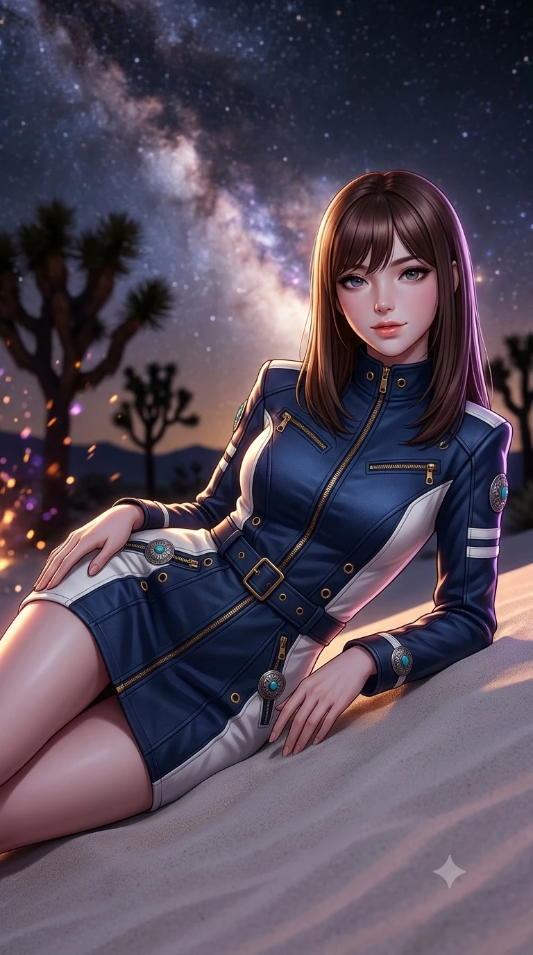 score_9, masterpiece, best quality, ultra-detailed, high-budget anime keyframe, semi-realistic 3D game render, editorial fashion photography, tasteful artistic composition, Korean woman. close-up cowboy shot from the waist and thighs up, the character dominates the composition, filling the frame with her large presence. arching her spine backward with effortless dancer poise, one hand sliding along her hip line as directional light carves specular highlights along her silhouette while reclining on her side in an elegant Cleopatra pose on the soft sand dune, the dramatic contour of her rounded hips and long slender legs commanding the vertical frame under starlight. The background shows a soft-focus the dense glowing band of the Milky Way, silhouetted Joshua trees, and dancing fire sparks blurred into amethyst, amber, and diamond starlight bokeh. She has an exceptionally elegant, slender, and willowy female figure with an ultra-slim waist, flat toned midriff, narrow ribcage, and sculpted feminine hips creating an alluring, slim hourglass silhouette without bulk. sharp v-shaped jawline, high-bridge nose, sparkling eyes with hypnotic seductive depth, thick curled eyelashes, glossy parted lips with a natural dewy peach sheen, alluring bedroom-eyes with an enchanting coquettish smile, exuding magnetic siren charisma and sophisticated glamour, flawlessly proportioned anatomical accuracy, strict slender model proportions, natural body alignment, perfectly sculpted long slender limbs, ultra-slim waistline, clean dynamic posture without body distortion. wearing a sleek high-collar zip-up biker jacket dress with structured shoulders and racing stripe accents in French Riviera navy and optic white with gold grommets, crafted from rugged heavy-duty canvas and oiled leather with authentic desert durability, accented with authentic engraved silver concho medallions and turquoise cabochons, the impeccably tailored cut draping gracefully along her slender figure with aristocratic western poise. illuminated by white sand ground bounce and sharp amber-violet rim lights defining her razor-sharp jawline, narrow waist, and curvy hips. highly saturated vibrant anime colors, detailed shading with soft gradients, rich glossy textures, high-contrast stereoscopic depth, volumetric dynamic lighting, master piece, 9:16 ratio
