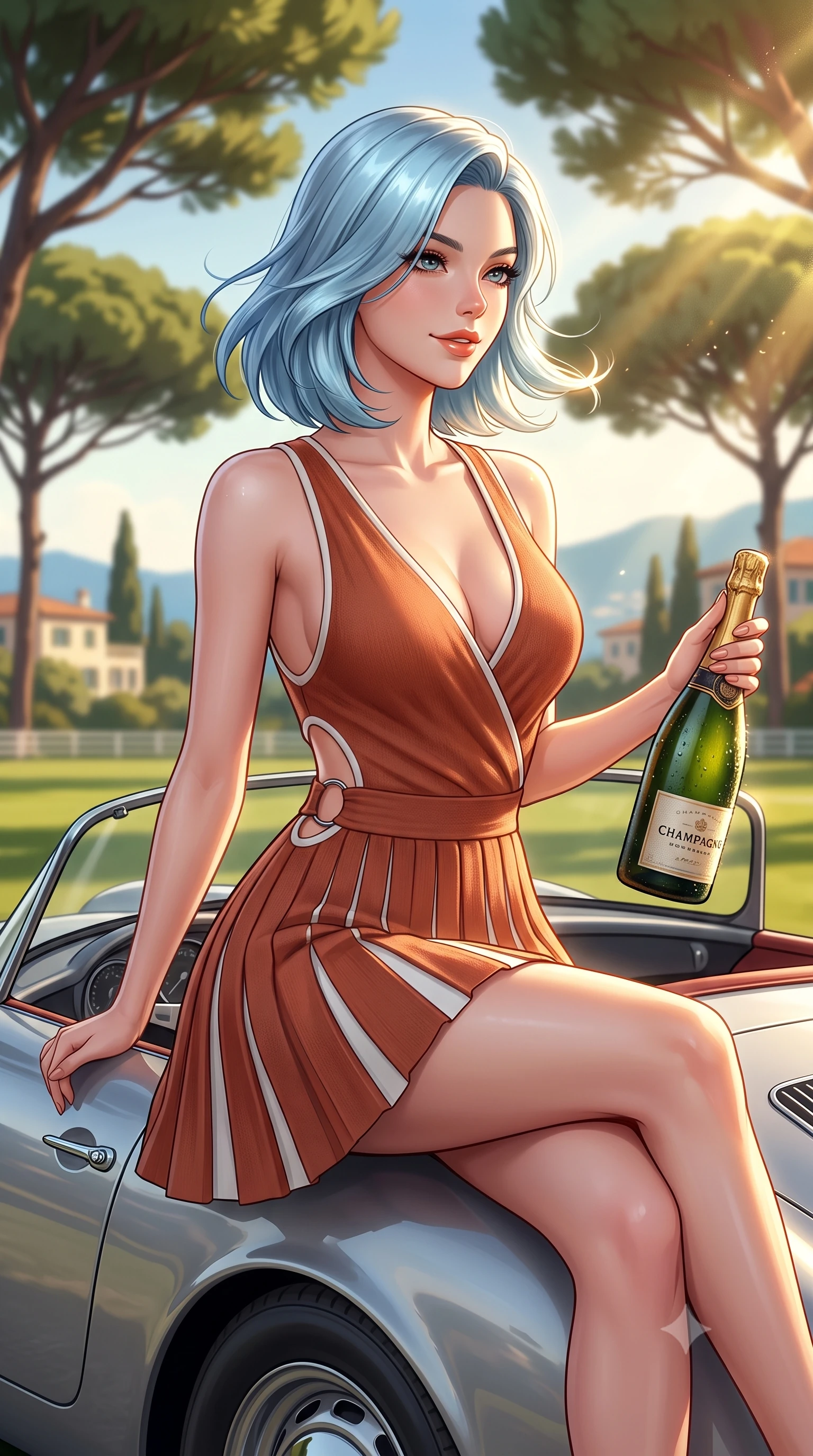 score_9, masterpiece, best quality, ultra-detailed, high-budget anime keyframe, semi-realistic 3D game render, editorial fashion photography, tasteful artistic composition, Korean woman. close-up cowboy shot from the waist and thighs up, the character dominates the composition, filling the frame with her large presence. turning slowly with a smoldering smile, her glossy hair tossing in the breeze as her hips angle gracefully in a captivating contrapposto while sitting perched on the speedster's low rear deck with legs crossed, holding a bottle of chilled champagne with vintage Riviera glamour. The background shows a soft-focus soaring umbrella pine canopies, sunlit Mediterranean polo lawns, and coastal villas blurred into olive green, champagne, and azure bokeh. She has an exceptionally elegant, slender, and willowy female figure with an ultra-slim waist, flat toned midriff, narrow ribcage, and sculpted feminine hips creating an alluring, slim hourglass silhouette without bulk. sharp v-shaped jawline, high-bridge nose, sparkling eyes with athletic focus and depth, thick curled eyelashes, glossy parted lips with a natural coral-peach sheen, bright confident and coquettish smile with alluring bedroom-eyes, exuding both youthful sporty vigor and sovereign high-society glamour, flawlessly proportioned anatomical accuracy, strict slender model proportions, natural body alignment, perfectly sculpted long slender limbs, ultra-slim waistline, clean dynamic posture without body distortion. wearing a deep V-neck knit tennis dress with an open-back scoop and knife-pleated skirt tracing her narrow waist and hips in classic clay-court terracotta and cloud white, tailored from ultra-soft fine cashmere yarn with an airy athletic drape, finished with sharp laser-cut side ventilation cutouts framed by chrome rings, the high-waisted wrap tailoring accentuating her ultra-slim waistline and the enchanting curve of her feminine hips with alluring sporty charm. bathed in horizontal late-afternoon golden hour sunbeams filtering through pine needles. highly saturated vibrant anime colors, detailed shading with soft gradients, rich glossy textures, high-contrast stereoscopic depth, volumetric dynamic lighting, master piece, 9:16 ratio