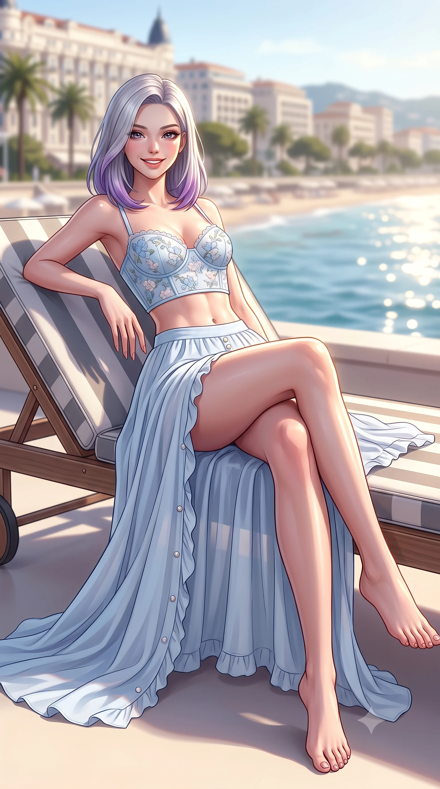 score_9, masterpiece, best quality, ultra-detailed, high-budget anime keyframe, semi-realistic 3D game render, editorial fashion photography, tasteful artistic composition, Caucasian woman. low angle full-body shot from head to toe showing her feet, filling the entire 9:16 vertical frame with her statuesque presence, stretching her vertical silhouette. sitting perched on the elevated edge with legs crossed and hips angled toward the camera, displaying her toned midriff and long slender limbs with a joyful, coquettish smile while reclining on a chic striped sun lounger propped on one elbow, her curvy hips and long slender legs caressed by golden Mediterranean sun. The composition keeps background elements in soft focus with dreamy creamy bokeh. luxury Croisette palace hotels and palm boulevards softened in glamorous French Riviera shallow focus. She has an exceptionally tall and slender model-like 8.5-heads proportion, an ultra-slim waist, a flat toned midriff, narrow delicate ribcage, and beautifully sculpted feminine hips creating a graceful, slim hourglass silhouette without any bulky heaviness, with impossibly long slender legs. sharp v-shaped jawline, high-bridge nose, intricate jewel-like sparkling eyes with depth, thick eyelashes, glossy parted lips with a natural peach sheen, bright cheerful beaming smile with an enchanting and coquettish sensual glint, exuding both youthful cute charm and seductive allure, flawlessly proportioned anatomical accuracy, strict slender model proportions, natural body alignment, perfectly sculpted long slender limbs, ultra-slim waistline, clean dynamic posture without body distortion. wearing a delicate floral embroidery bustier top paired with a flowy high-slit chiffon maxi skirt with a side hip opening in soft baby blue and crisp cloud white, tailored from crisp cotton poplin with clean structural lines, finished with subtle ruffle trims and delicate pearl buttons, the form-contouring cut accentuating her sculpted flat midriff, narrow delicate ribcage, and gracefully curvy hips with supermodel precision. illuminated by intense specular sea reflections sharply carving her razor-sharp jawline, narrow waist, and curvy hips. highly saturated vibrant anime colors, detailed shading with soft gradients, rich glossy textures, high-contrast stereoscopic depth, volumetric dynamic lighting, master piece, 9:16 ratio