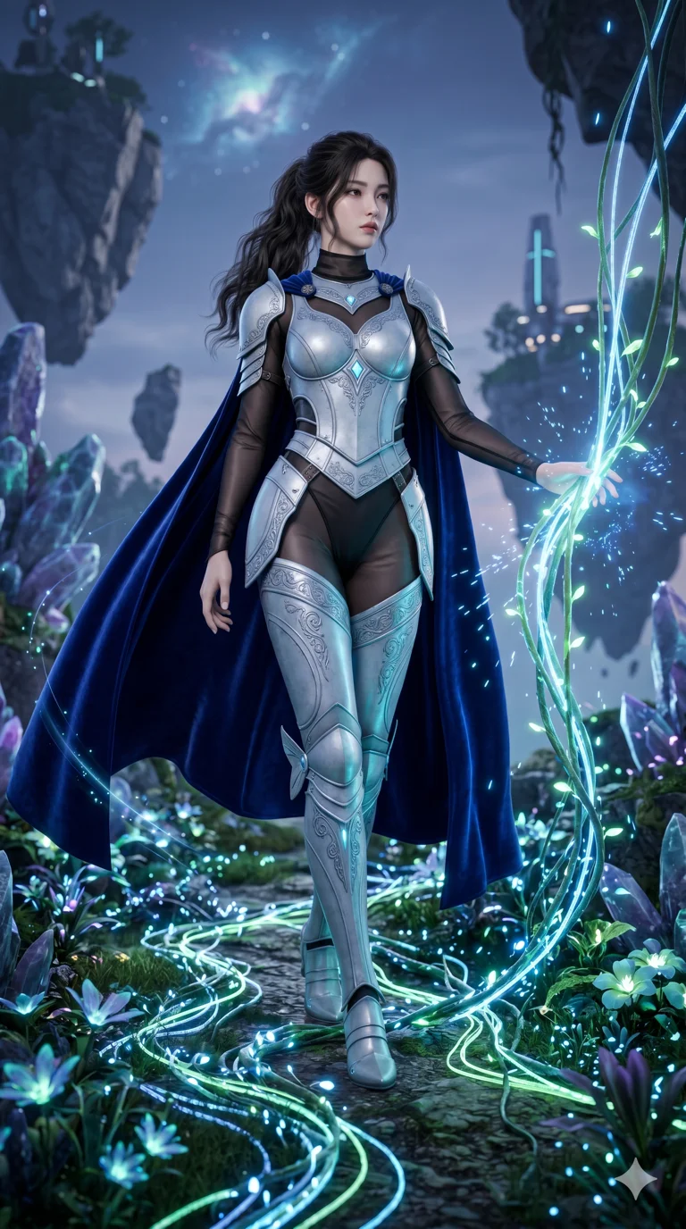 score_9, masterpiece, best quality, ultra-detailed, Semi-realistic 3D Game Render, high-fidelity character model, intricate textures, dynamic particle effects, Unreal Engine 5 aesthetic, crisp 3D depth, Korean woman with idol-like refined features. Dynamic full-body shot stretching the vertical silhouette, capturing her from a powerful low-angle perspective. Walking through a forest of fiber-optic vines that react to her touch by glowing brighter. She has an absolutely perfect 8-heads proportion, an exceptionally tall and slender female figure with impossibly long slender legs and an ultra-slim waist, her statuesque height and towering silhouette dominating the vertical 9:16 frame. Her face is a masterpiece featuring a sharp v-shaped jawline, high-bridge nose, intricate jewel-like eyes with depth, thick eyelashes, and glossy lips with a natural sheen. She is wearing a Form-fitting light silver plate armor with intricate engravings, over a sheer silk bodysuit with a deep plunging neckline, and a royal blue velvet cape.. The scene is set in a floating island covered in giant glowing flowers and vines of pure energy. 2k, ultra detail, master piece, 9:16 ratio
