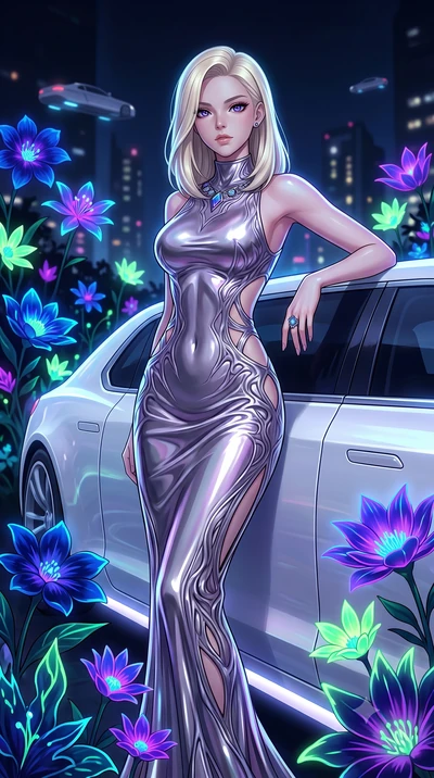 score_9, masterpiece, best quality, ultra-detailed, High-budget Anime Keyframe, Caucasian woman, strictly human ears. Low angle cowboy shot filling the entire 9:16 frame with her statuesque presence. Scenario 295: leaning against a sleek white hover-